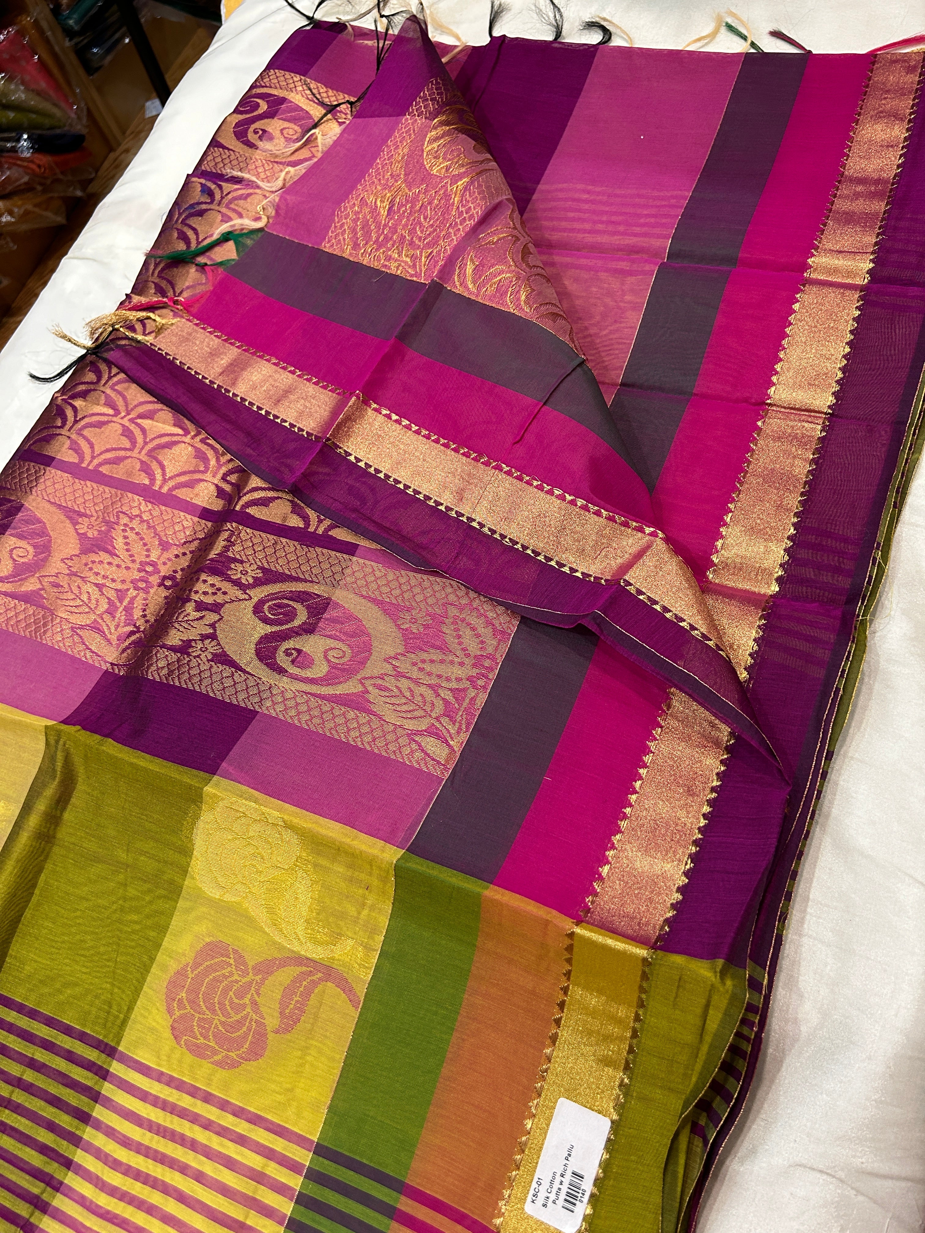 Multi check cotton silk saree with rich pallu & running blouse
