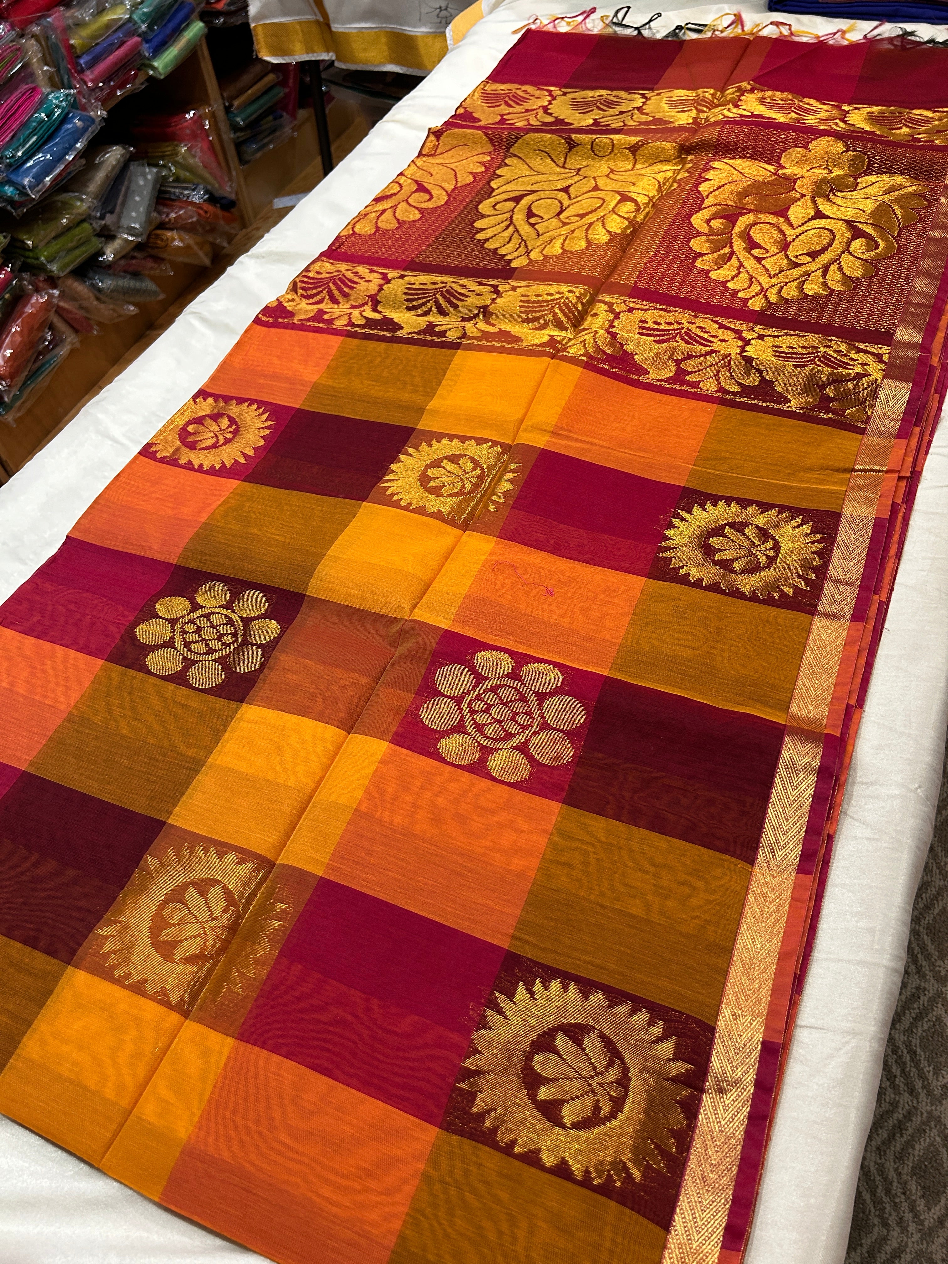 Multi color big check cotton silk saree with rich pallu & running blouse