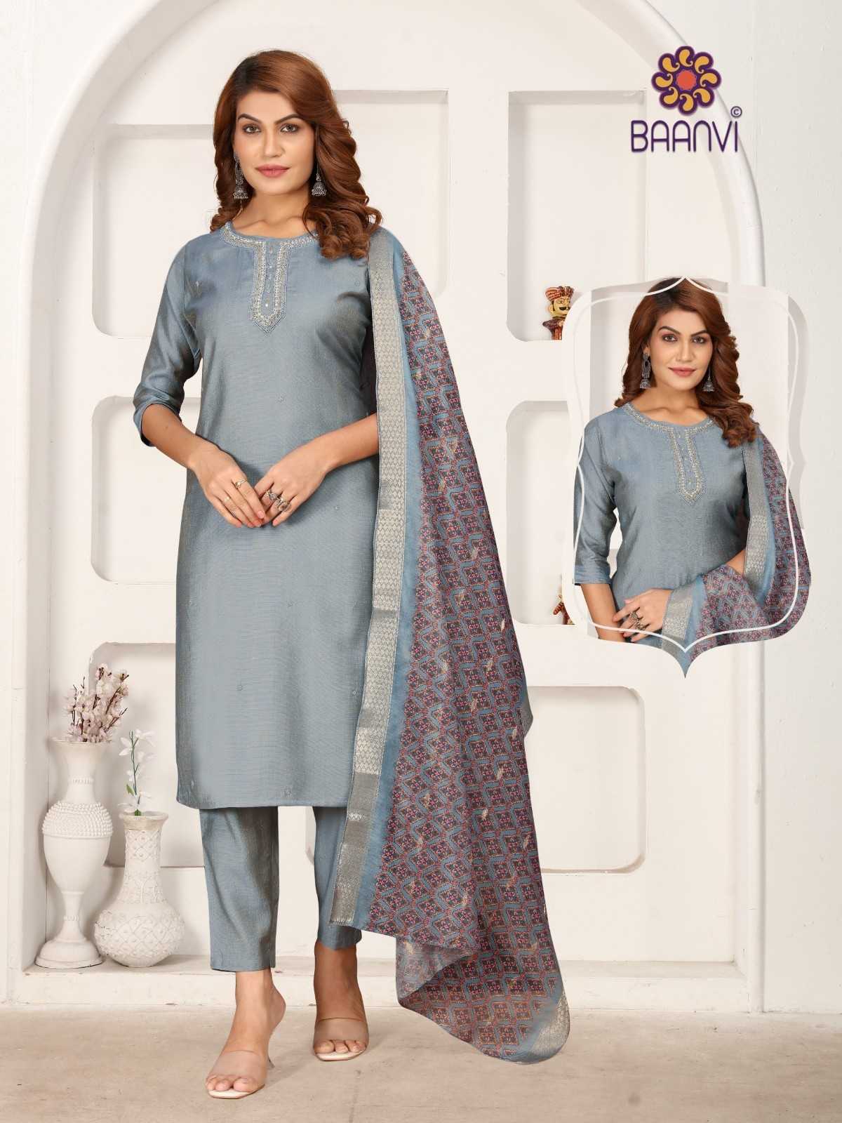 Baanvi Shivali Top Fabric Vatican Simar Silk Embroidered Straight Kurti with Pants and Dupatta Collection