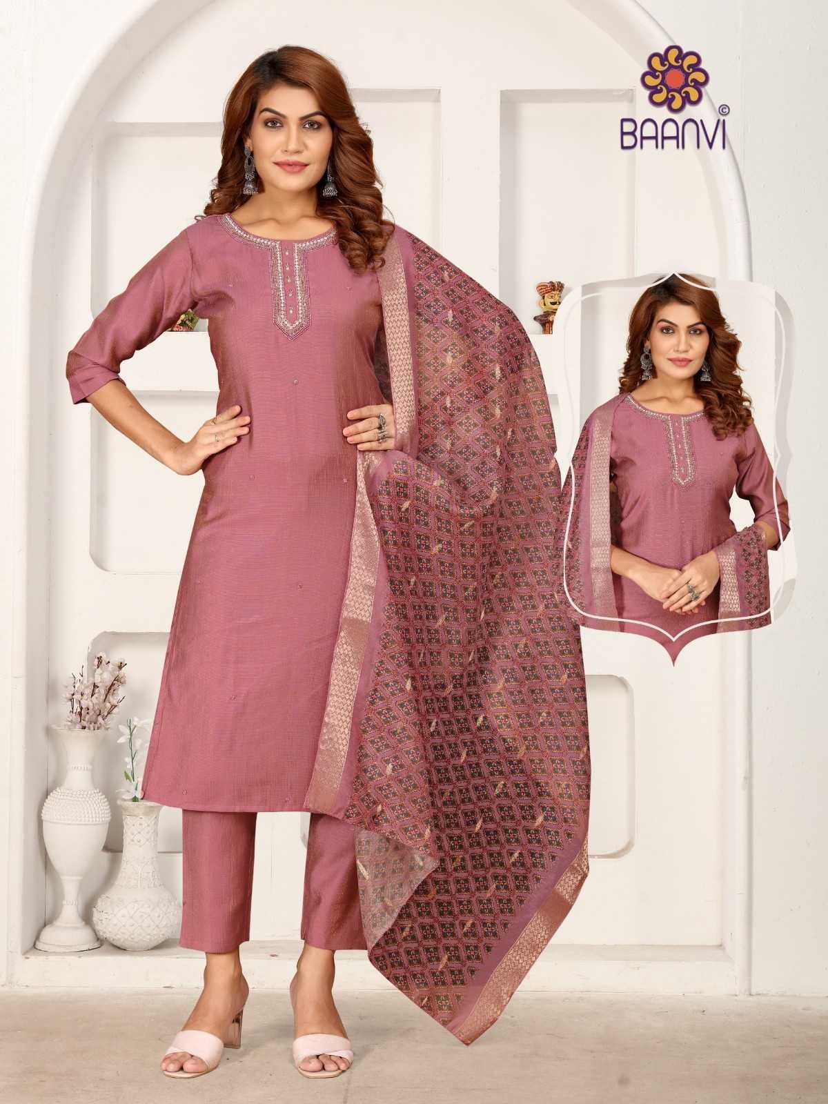 Baanvi Shivali Top Fabric Vatican Simar Silk Embroidered Straight Kurti with Pants and Dupatta Collection