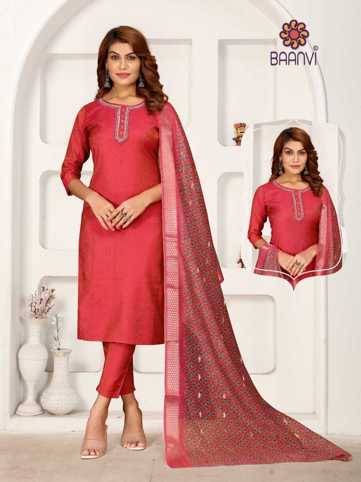 Baanvi Shivali Top Fabric Vatican Simar Silk Embroidered Straight Kurti with Pants and Dupatta Collection