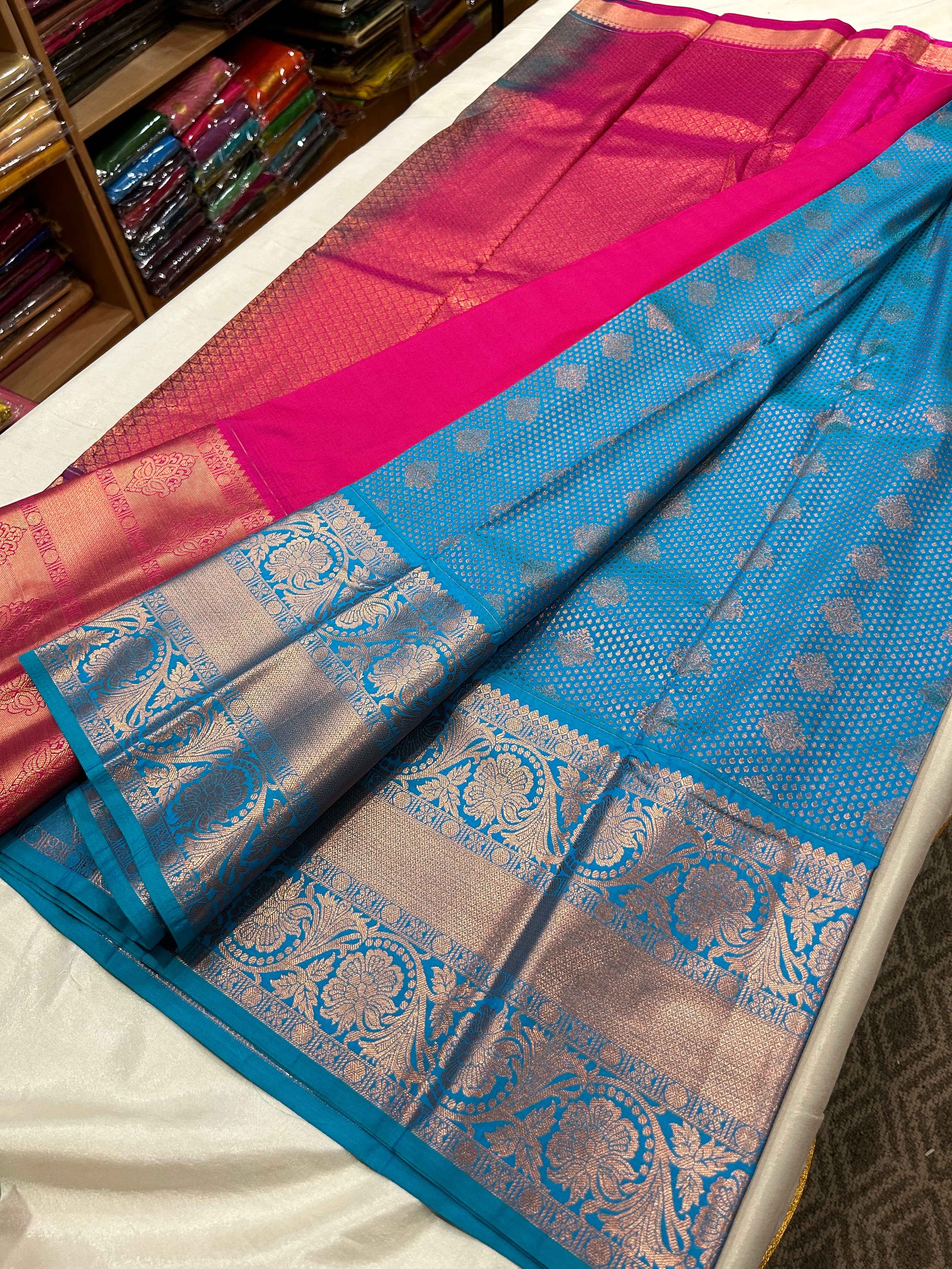 Rich zari brocade soft semisilk  saree with contrast blouse and rich pallu