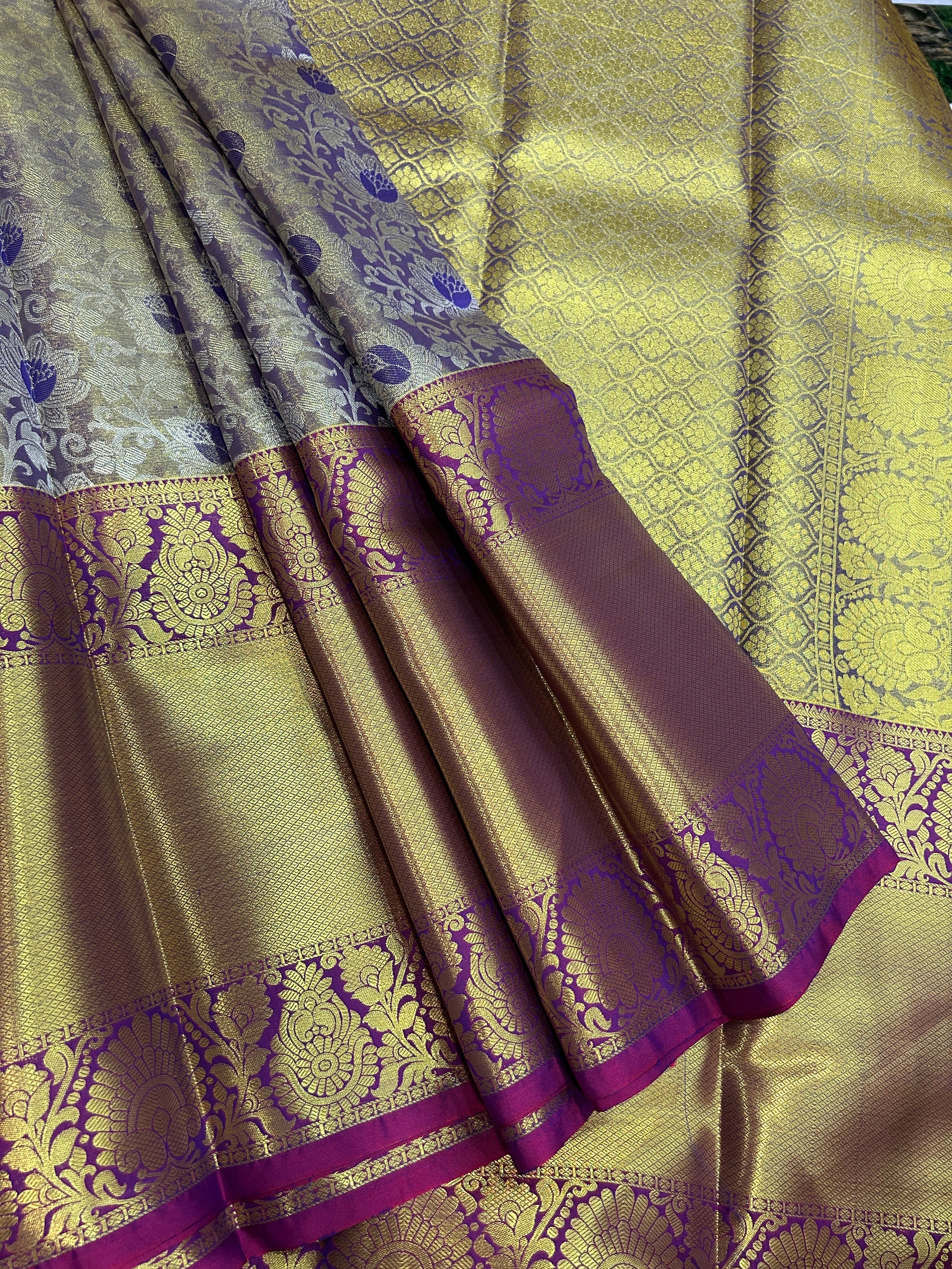 Tissue Kanchipuram  semisilk  saree with contrast blouse and rich pallu