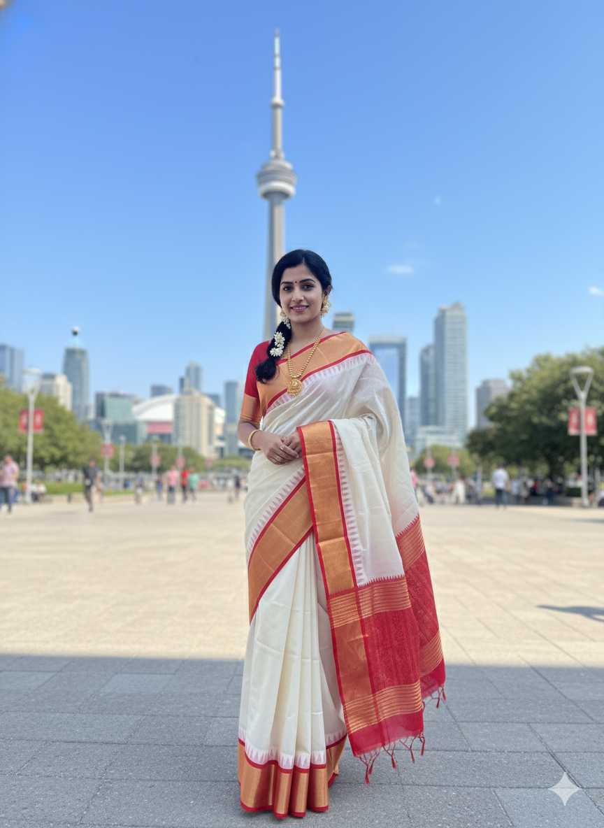 Korvai Kanchipuram Pure Silk Cotton Saree with contrast blouse & pallu