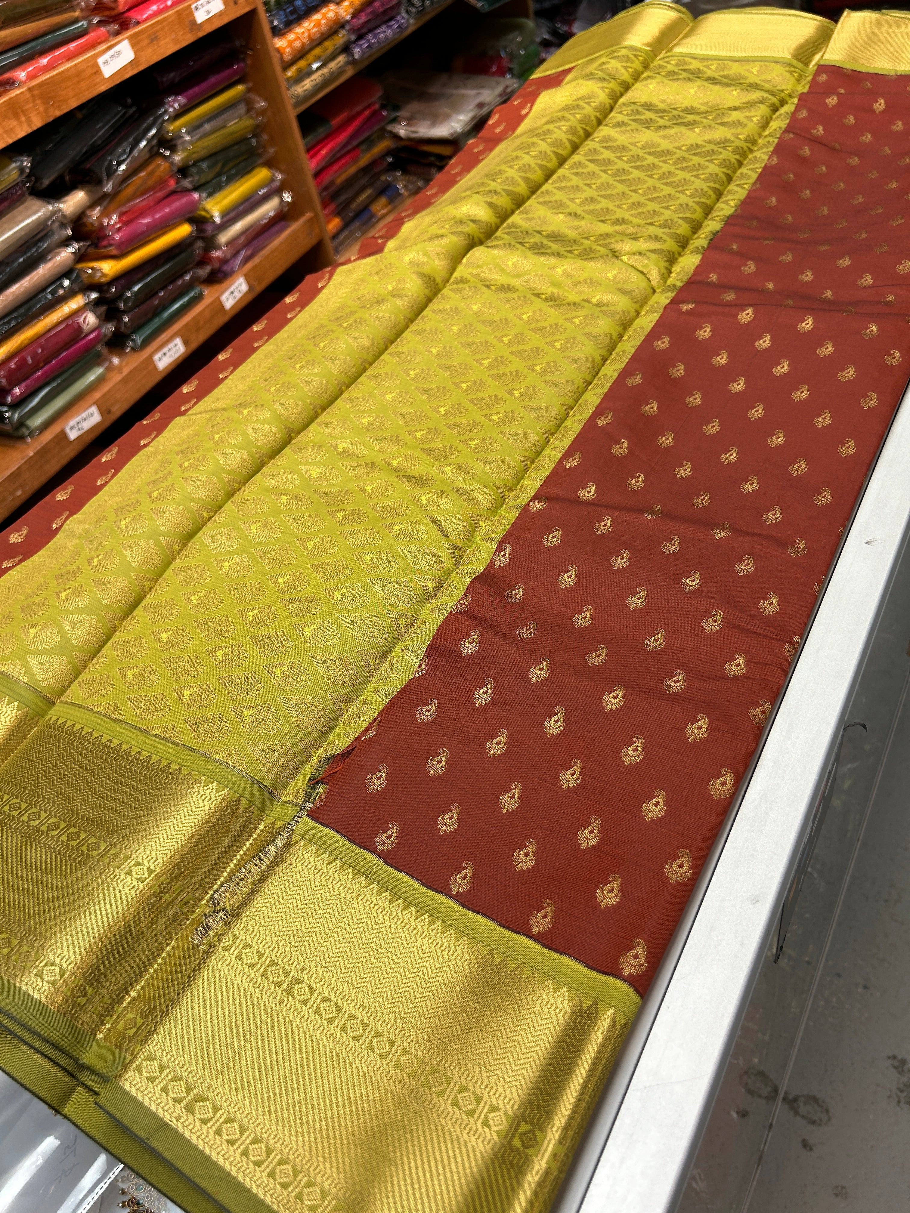 Kanchipuram soft Semi silk saree  with contrast blouse and rich jari pallu