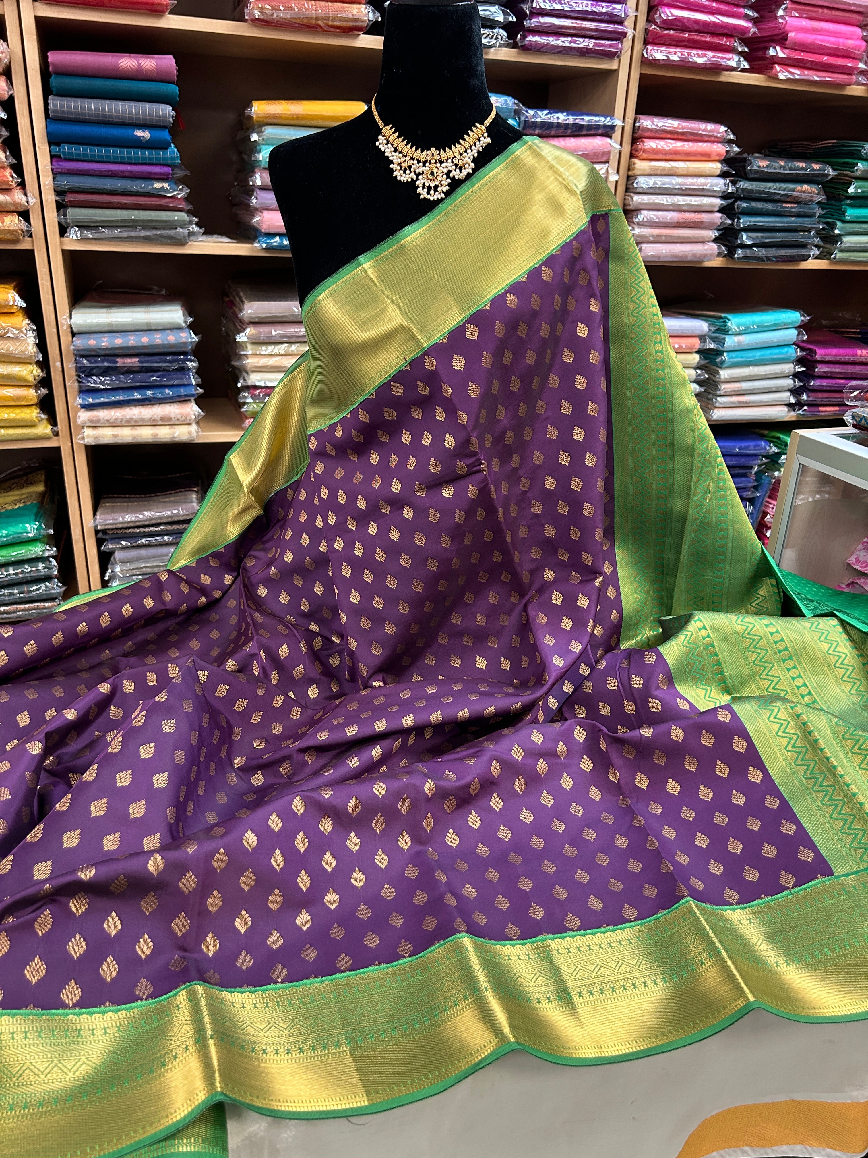 Kanchipuram soft Semi silk saree  with contrast blouse and rich jari pallu