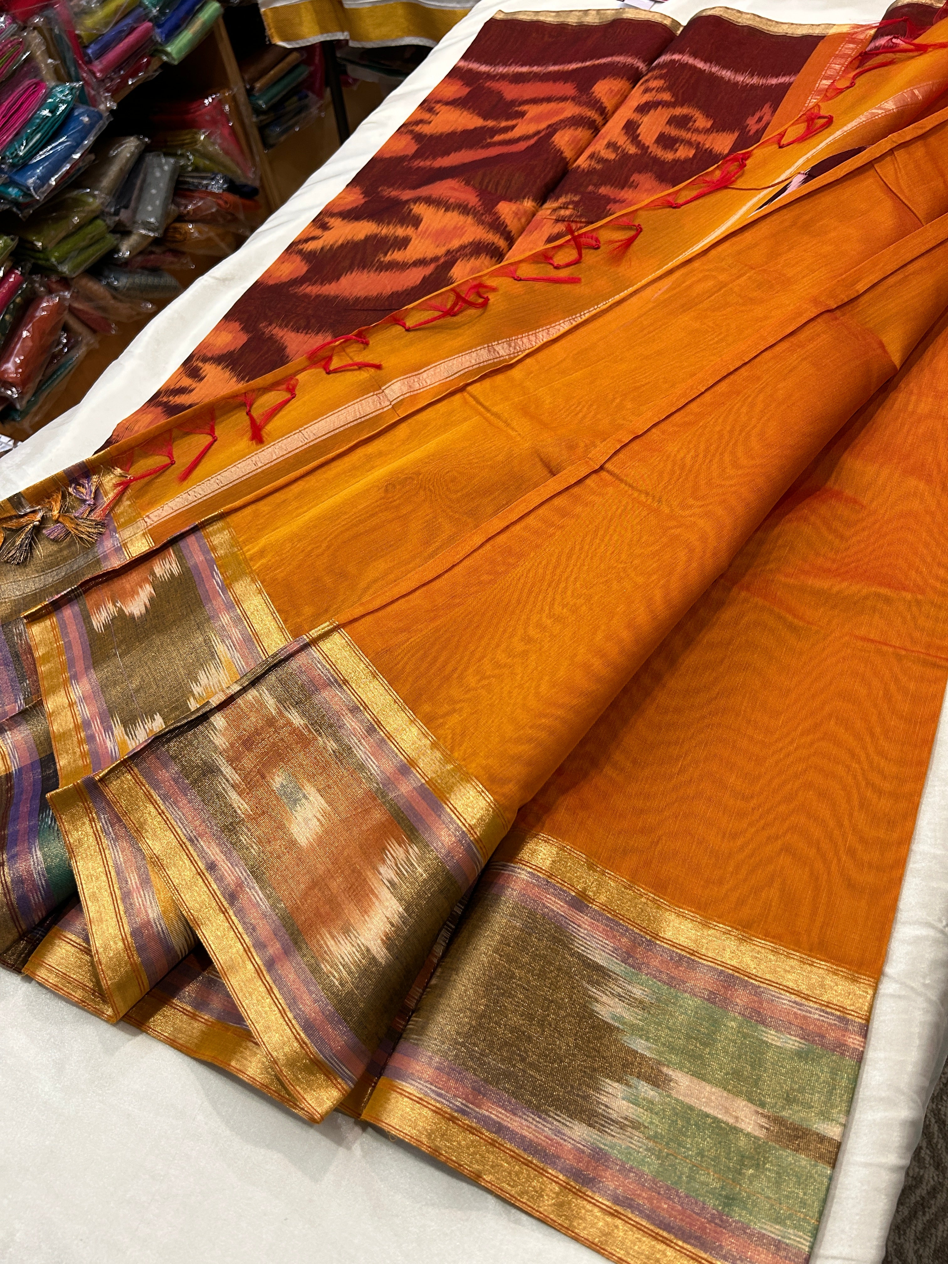 Ikkat zari border cotton silk saree with rich pallu & running blouse