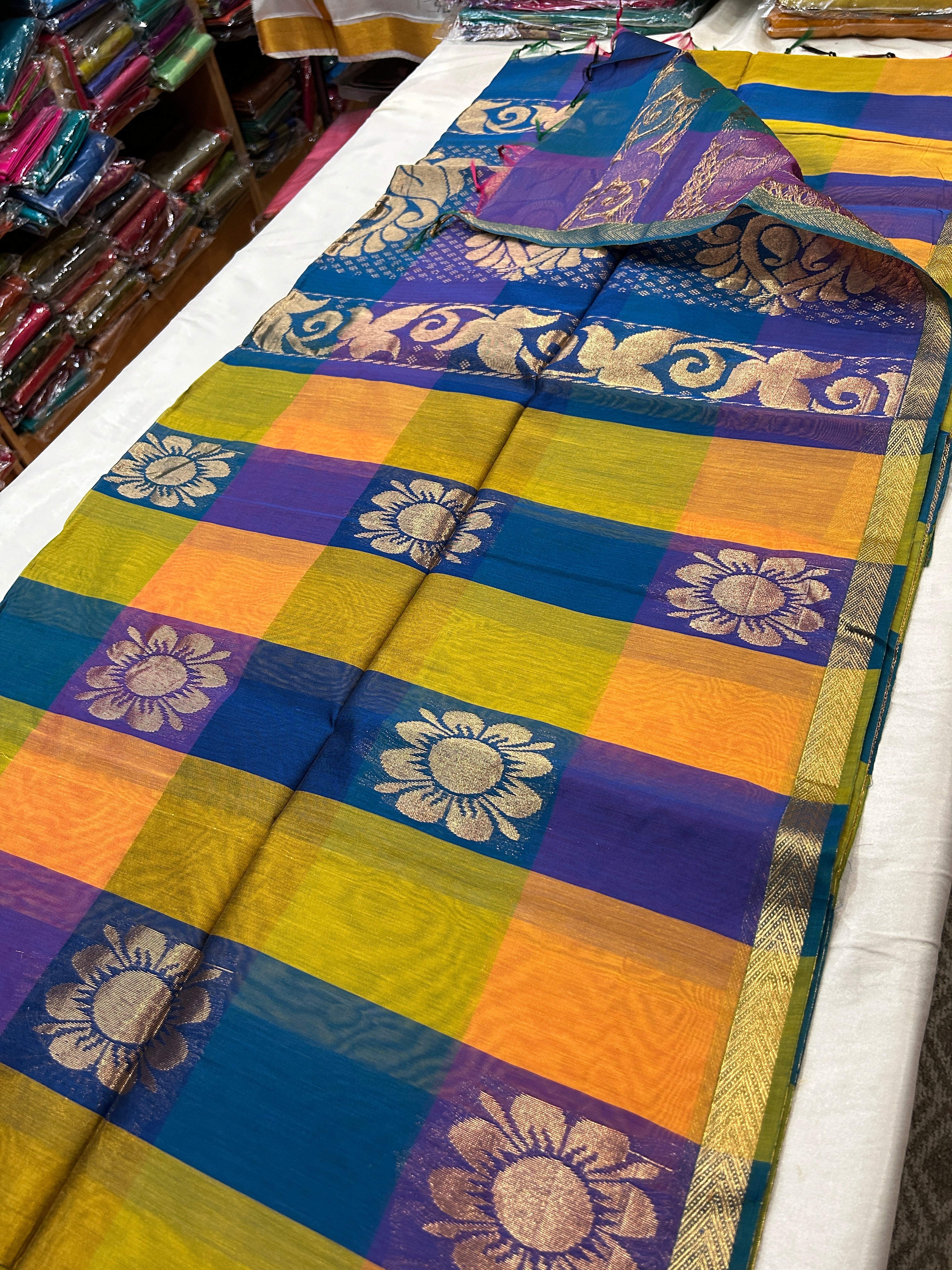 Multi color big check cotton silk saree with rich pallu & running blouse