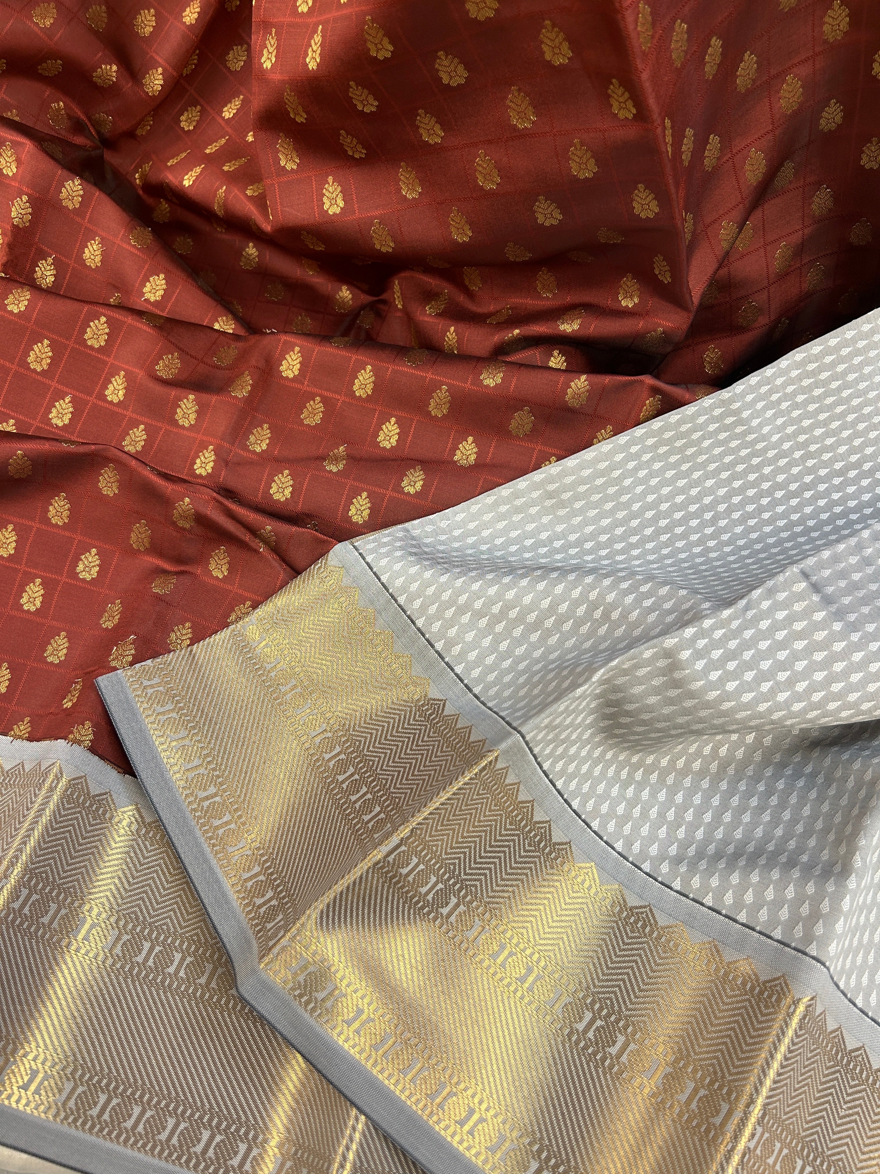 Kanchipuram soft Semi silk saree  with contrast blouse and rich jari pallu