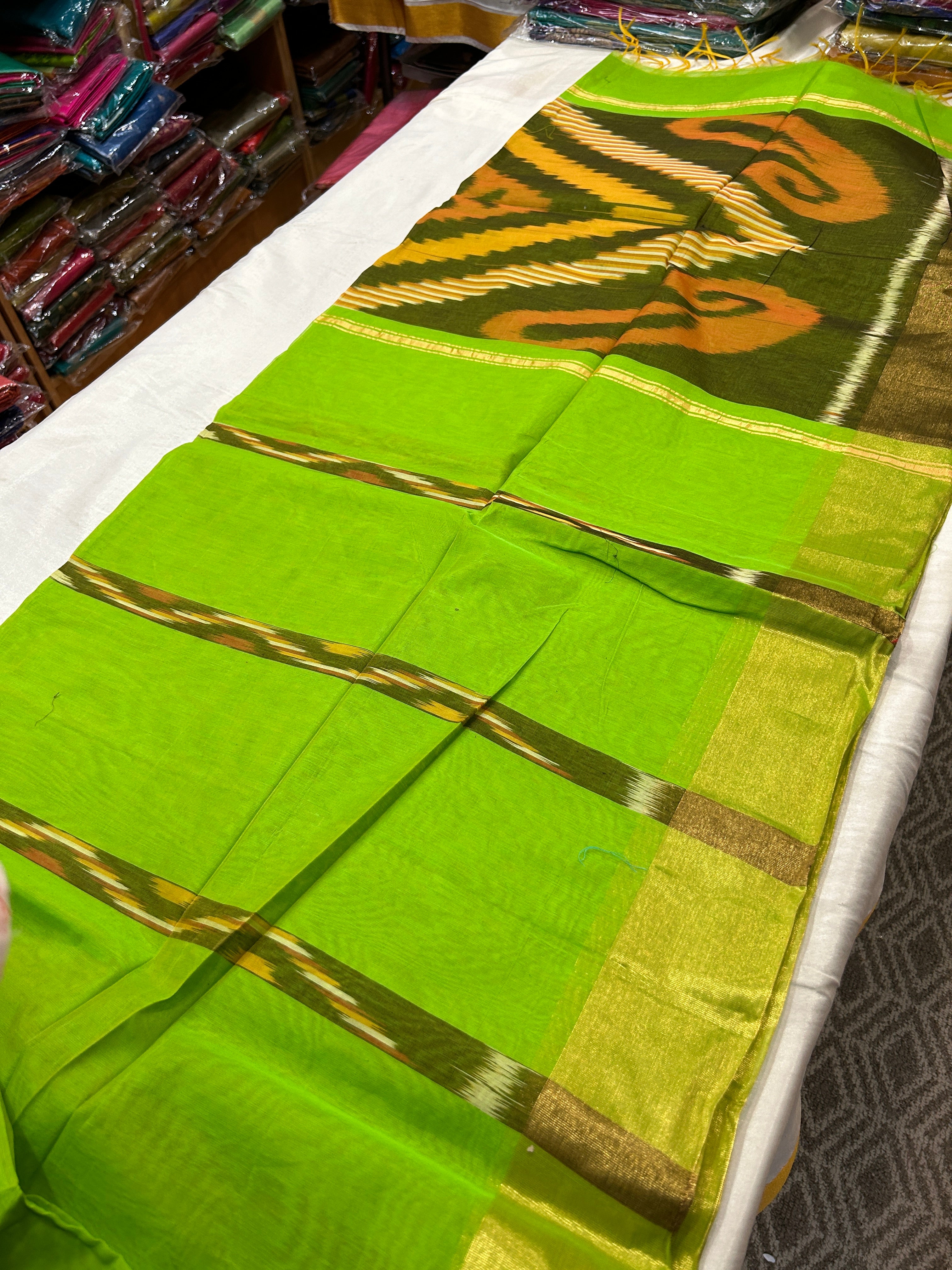 Ikkat zari border cotton silk saree with rich pallu & running blouse