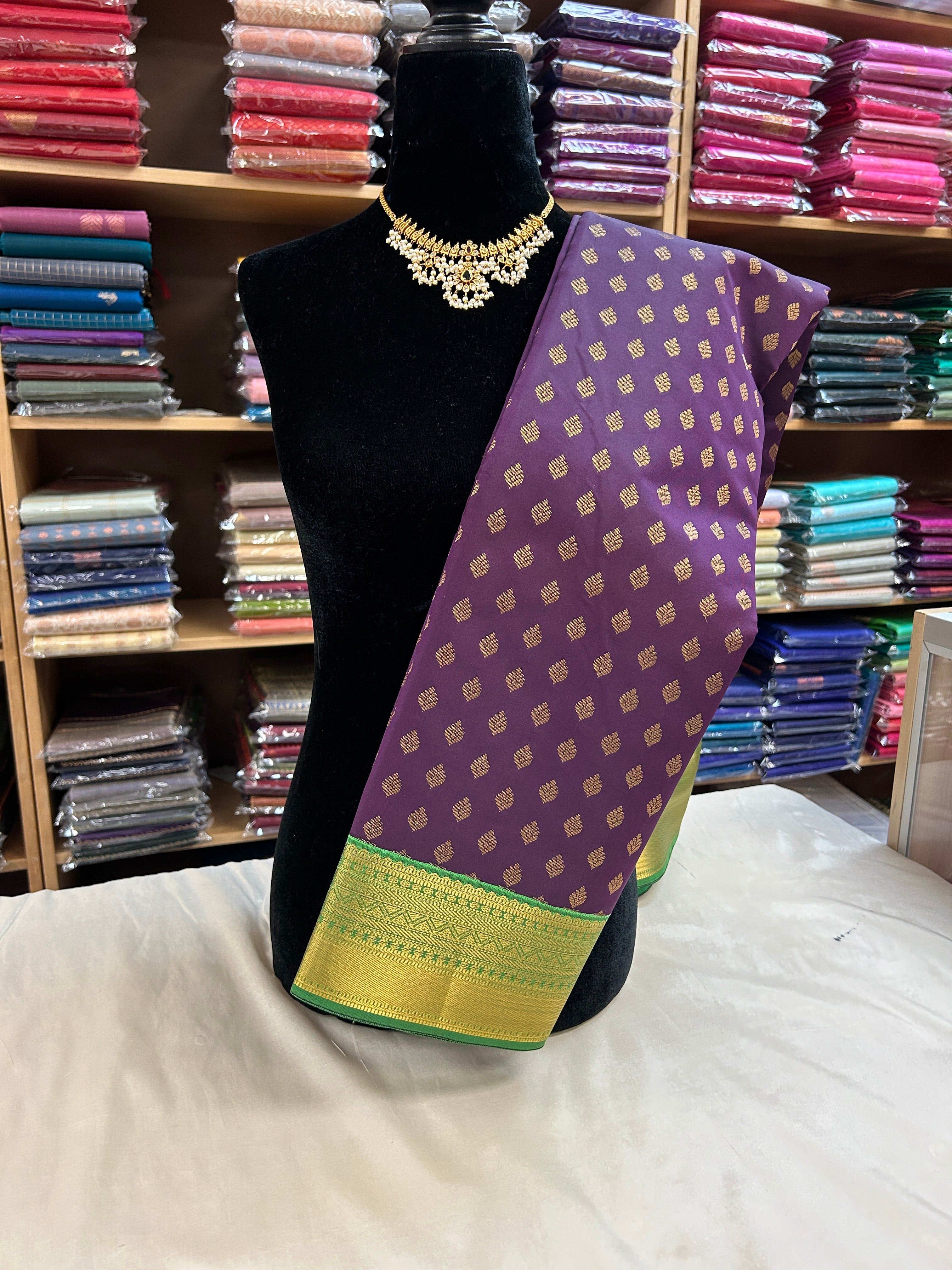 Kanchipuram soft Semi silk saree  with contrast blouse and rich jari pallu