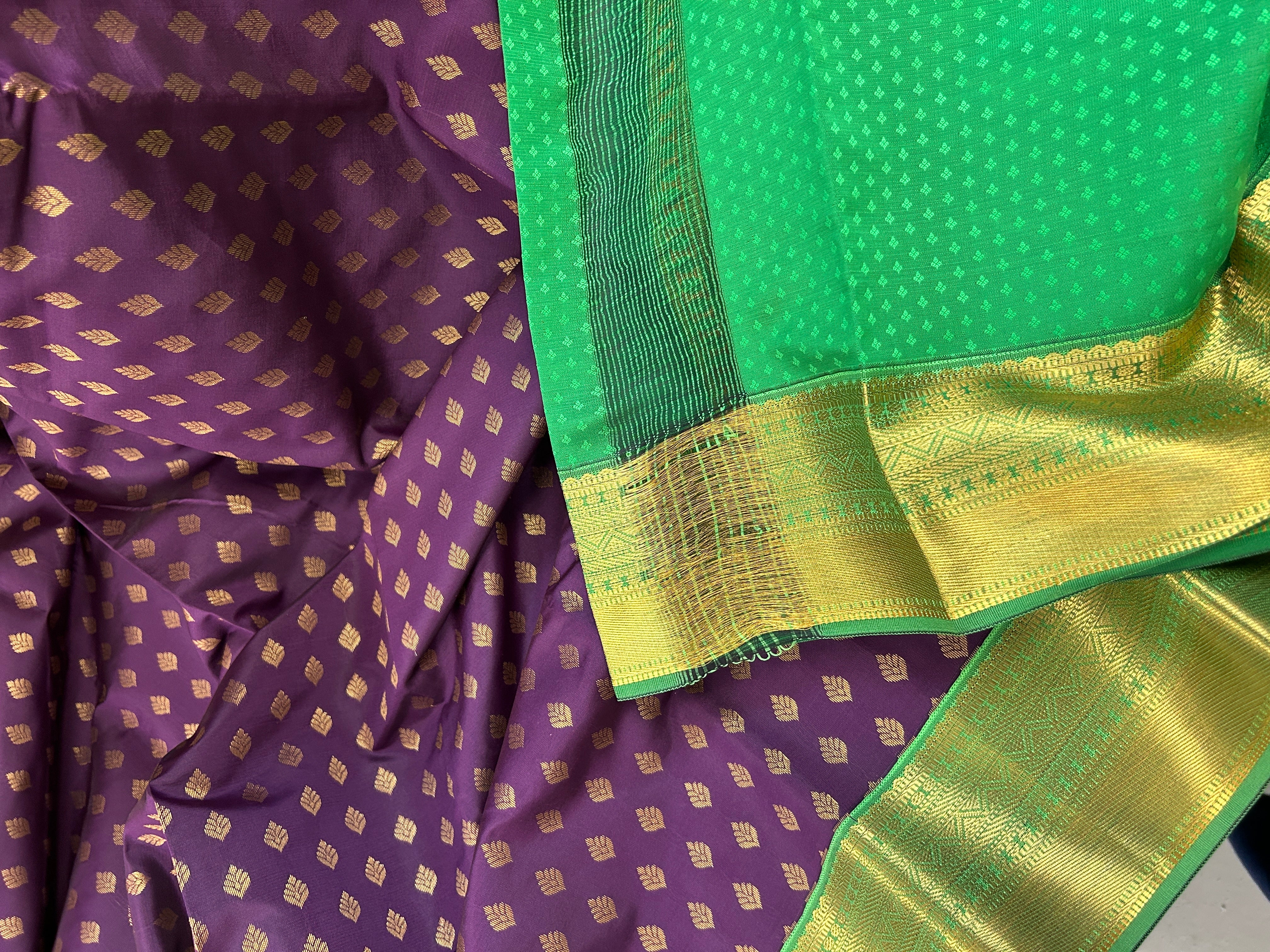 Kanchipuram soft Semi silk saree  with contrast blouse and rich jari pallu