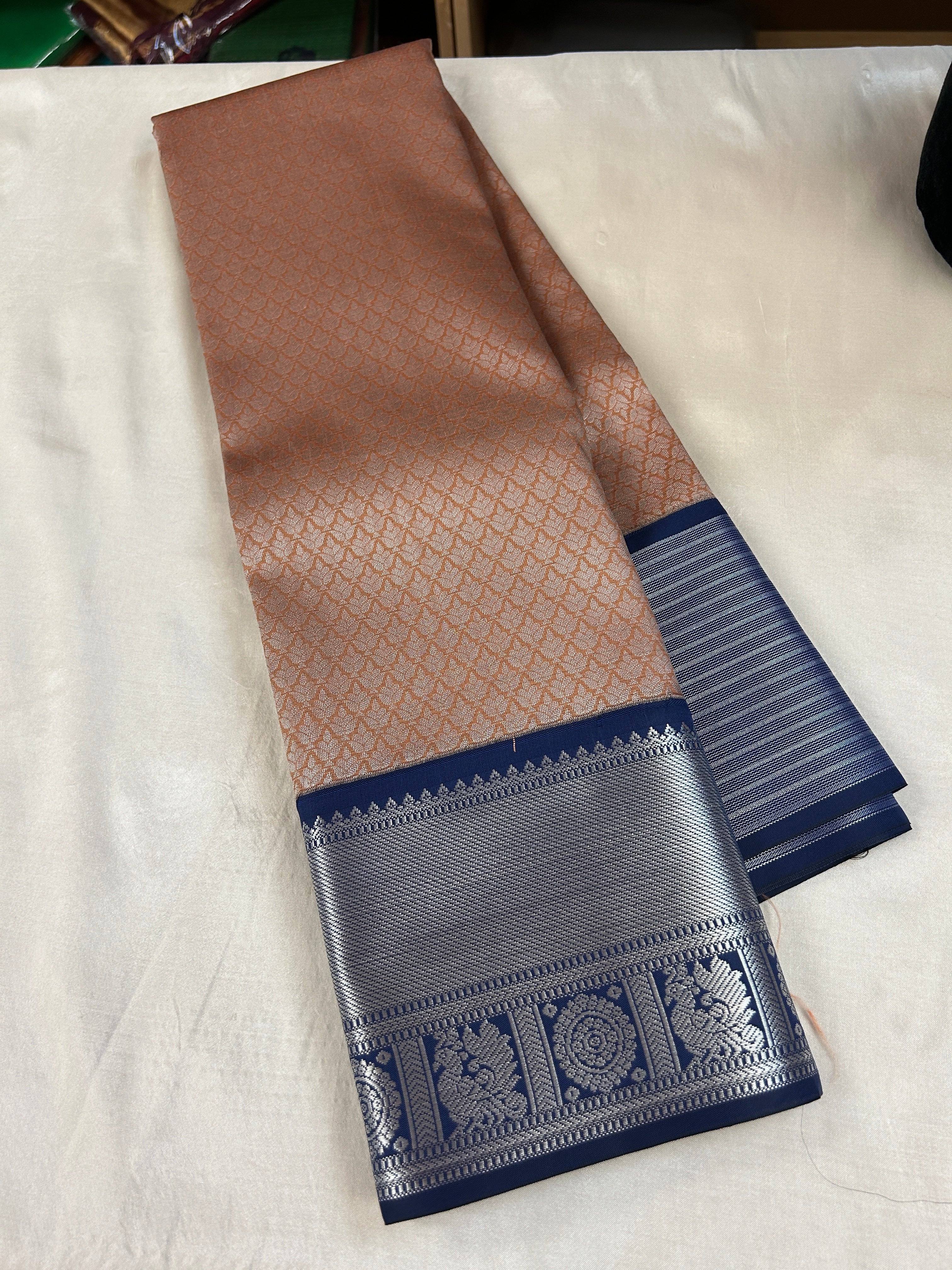 Kanchipuram soft Semi silk saree  with contrast blouse and rich jari pallu