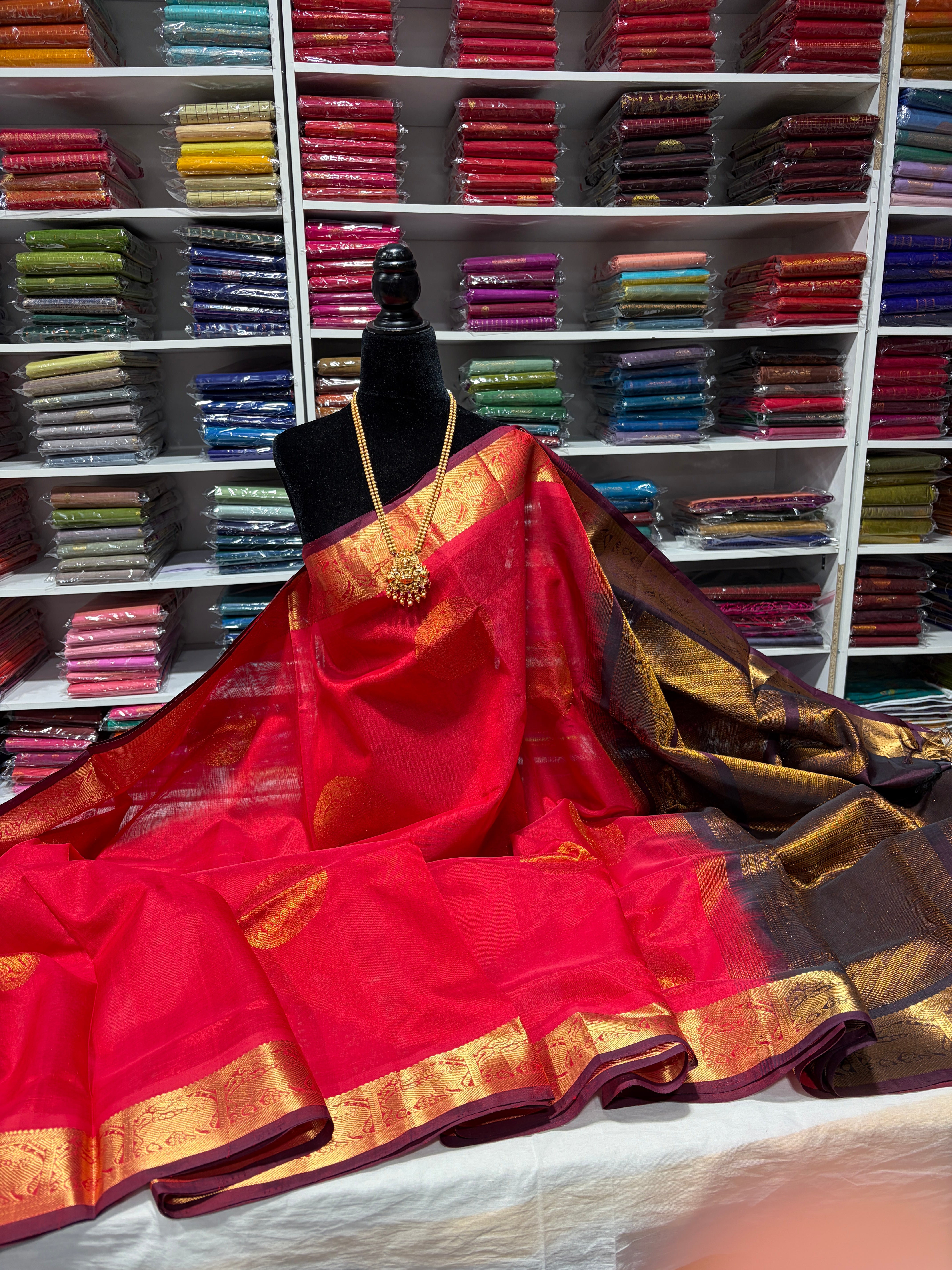 Korvai border Kanchipuram Pure Silk Cotton Saree with contrast blouse & pallu