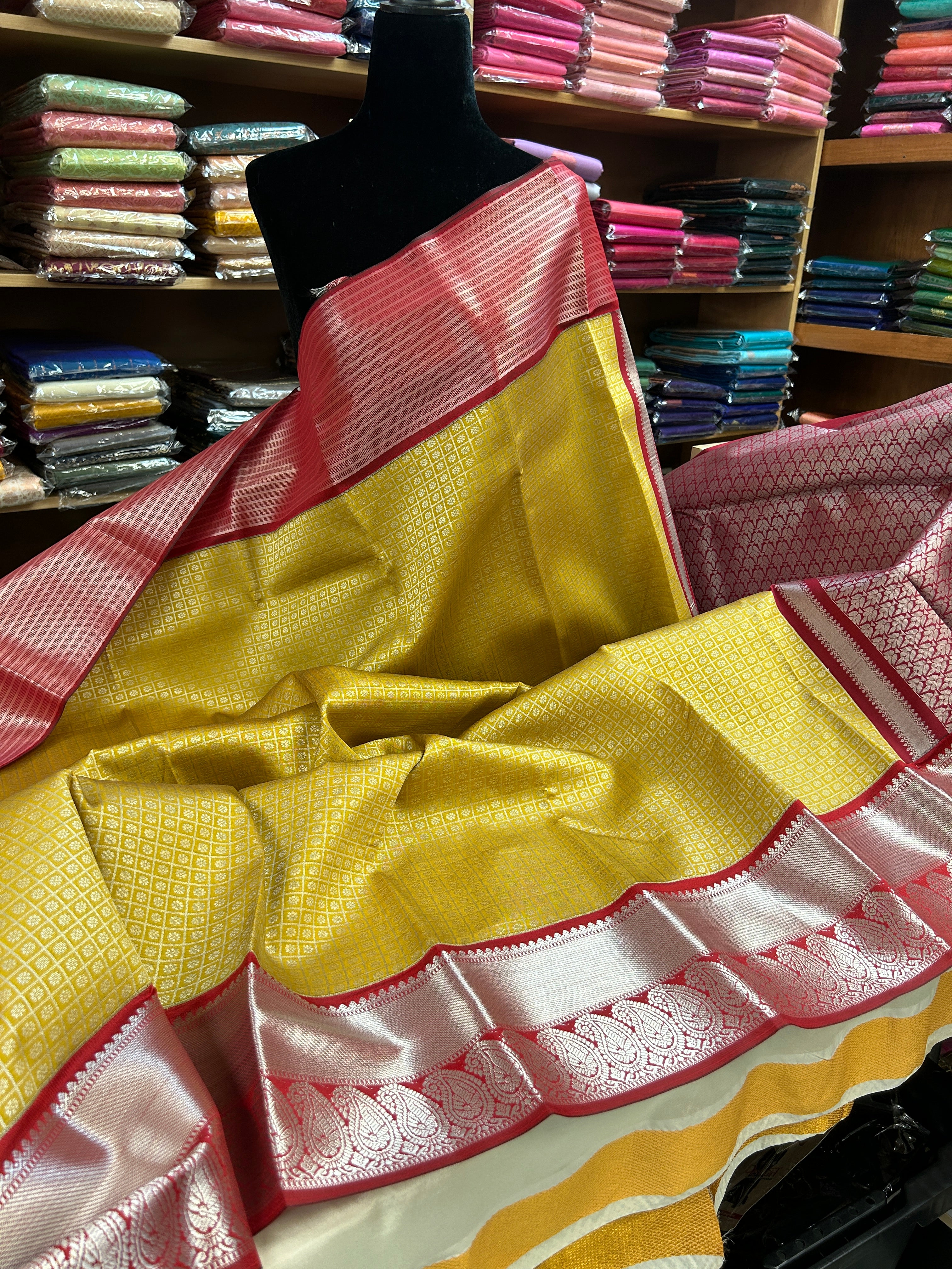 Kanchipuram soft Semi silk saree  with contrast blouse and rich jari pallu