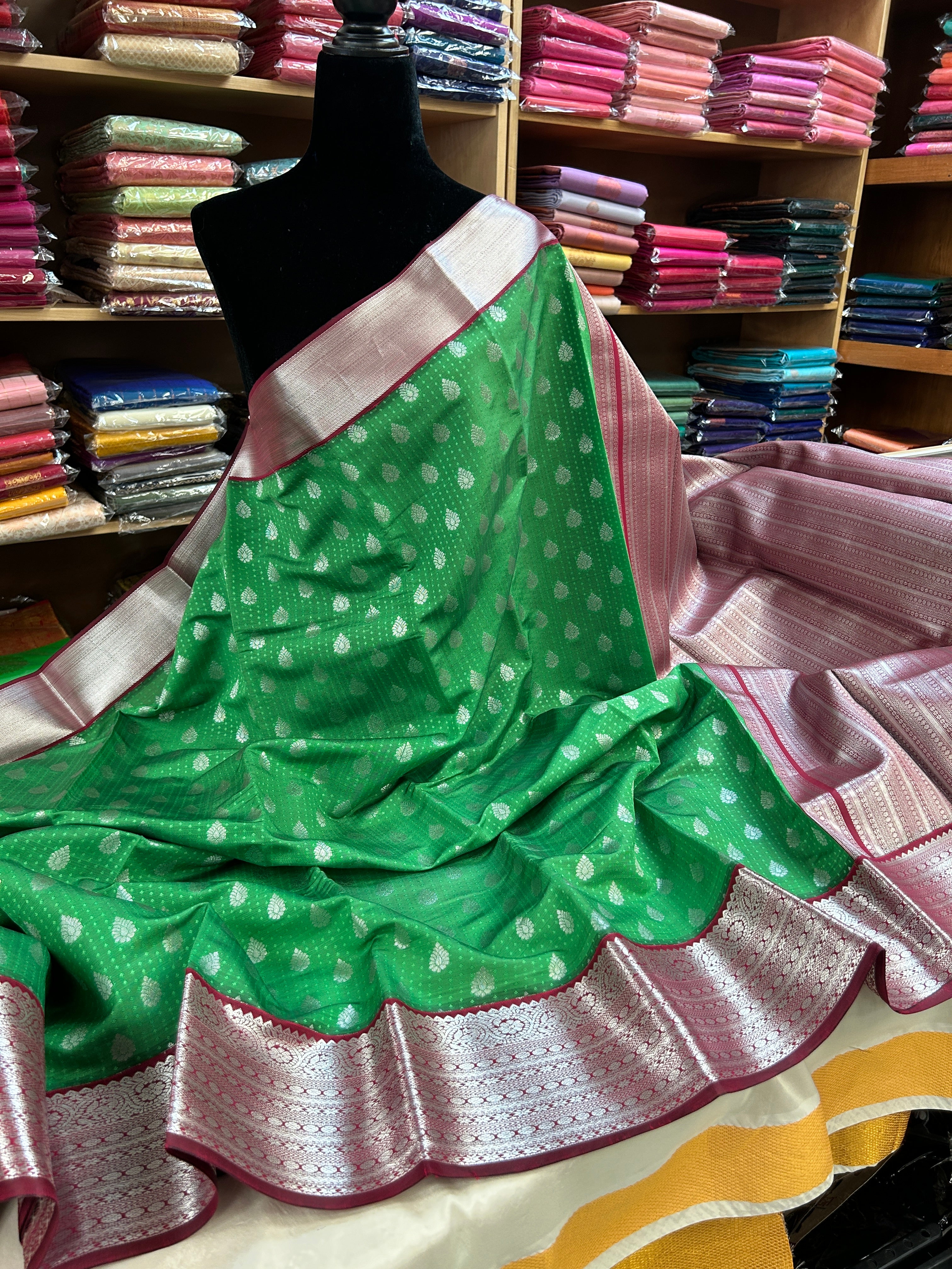 Kanchipuram soft Semi silk saree  with contrast blouse and rich jari pallu