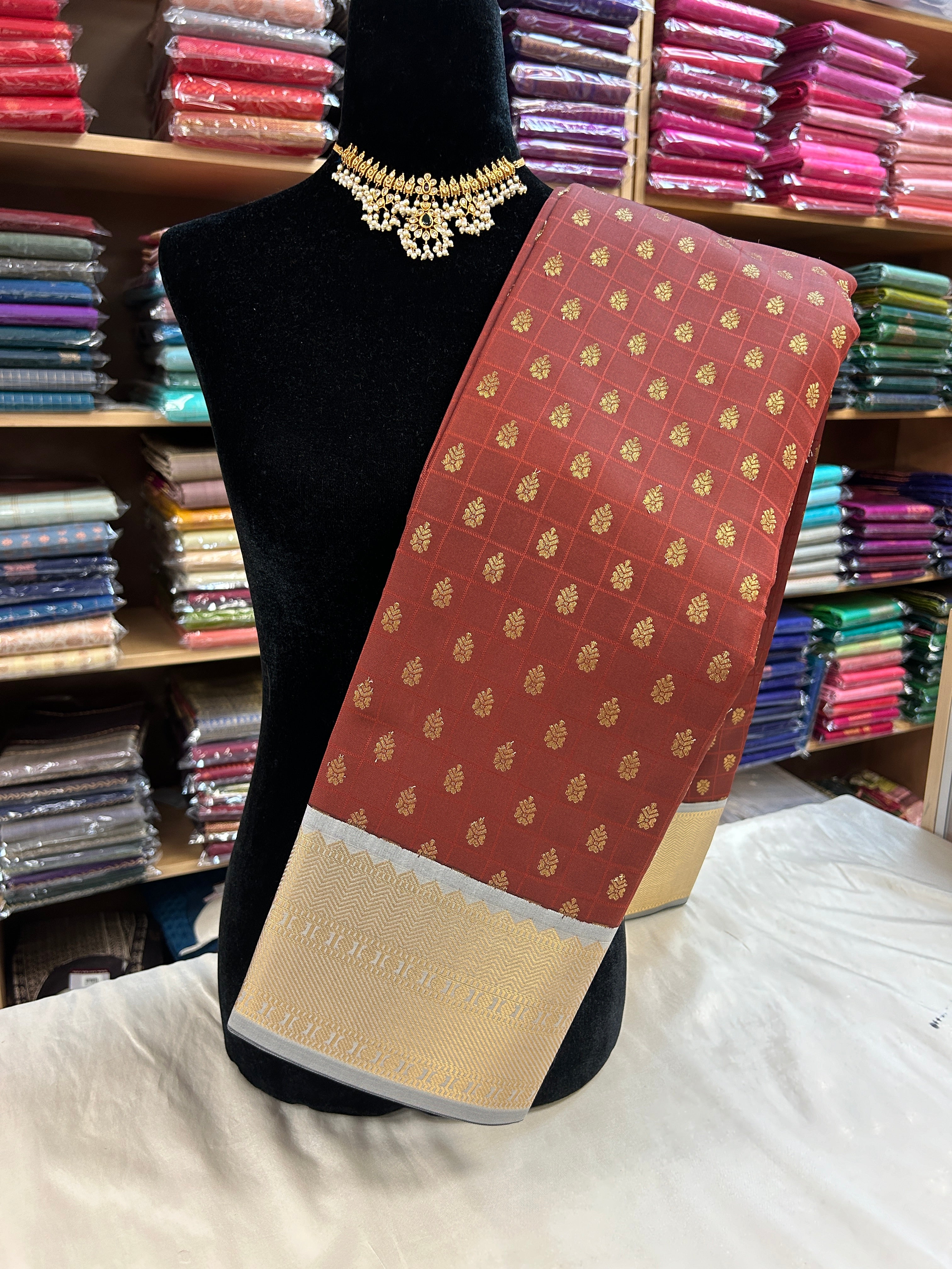 Kanchipuram soft Semi silk saree  with contrast blouse and rich jari pallu