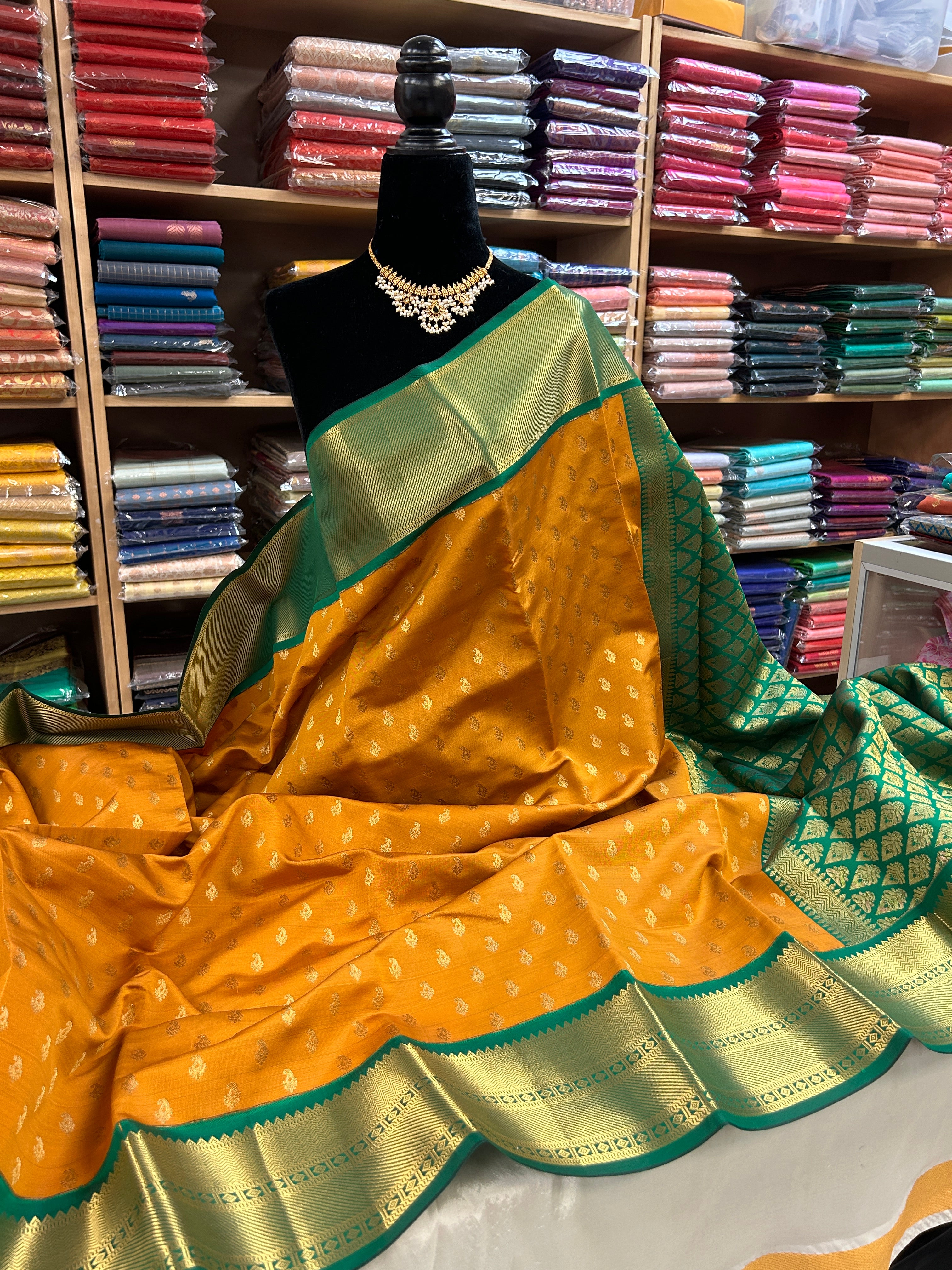 Kanchipuram soft Semi silk saree  with contrast blouse and rich jari pallu