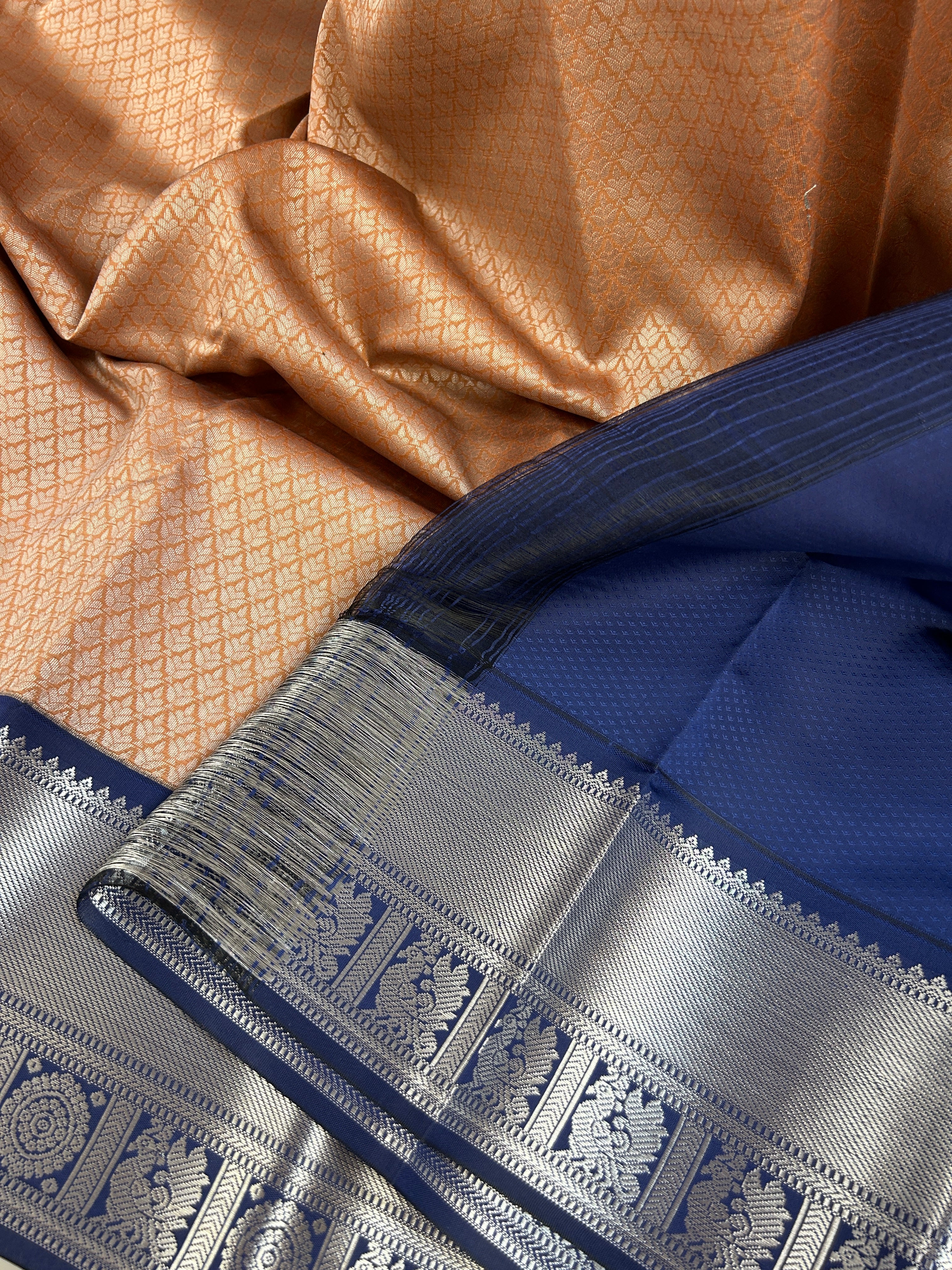 Kanchipuram soft Semi silk saree  with contrast blouse and rich jari pallu