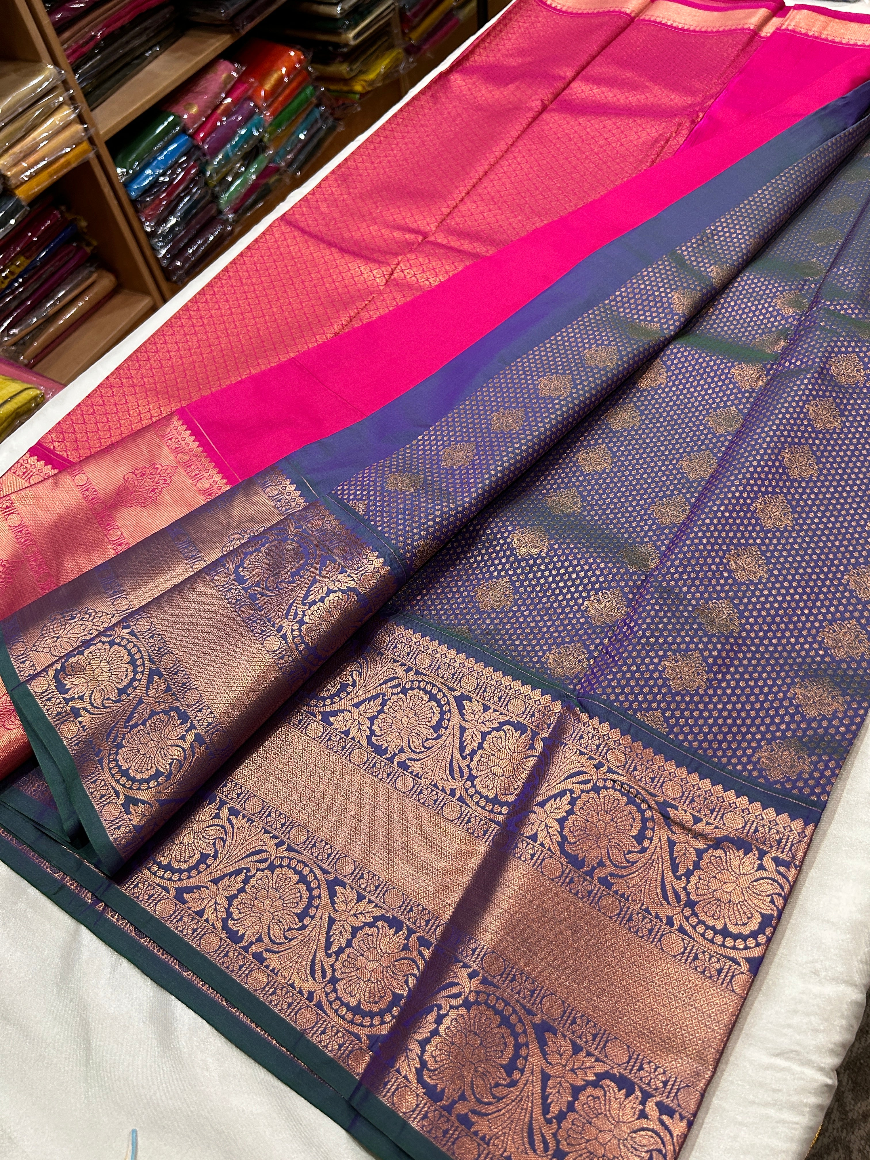 Rich zari  brocade soft semi silk saree with contrast plain blouse and rich pallu