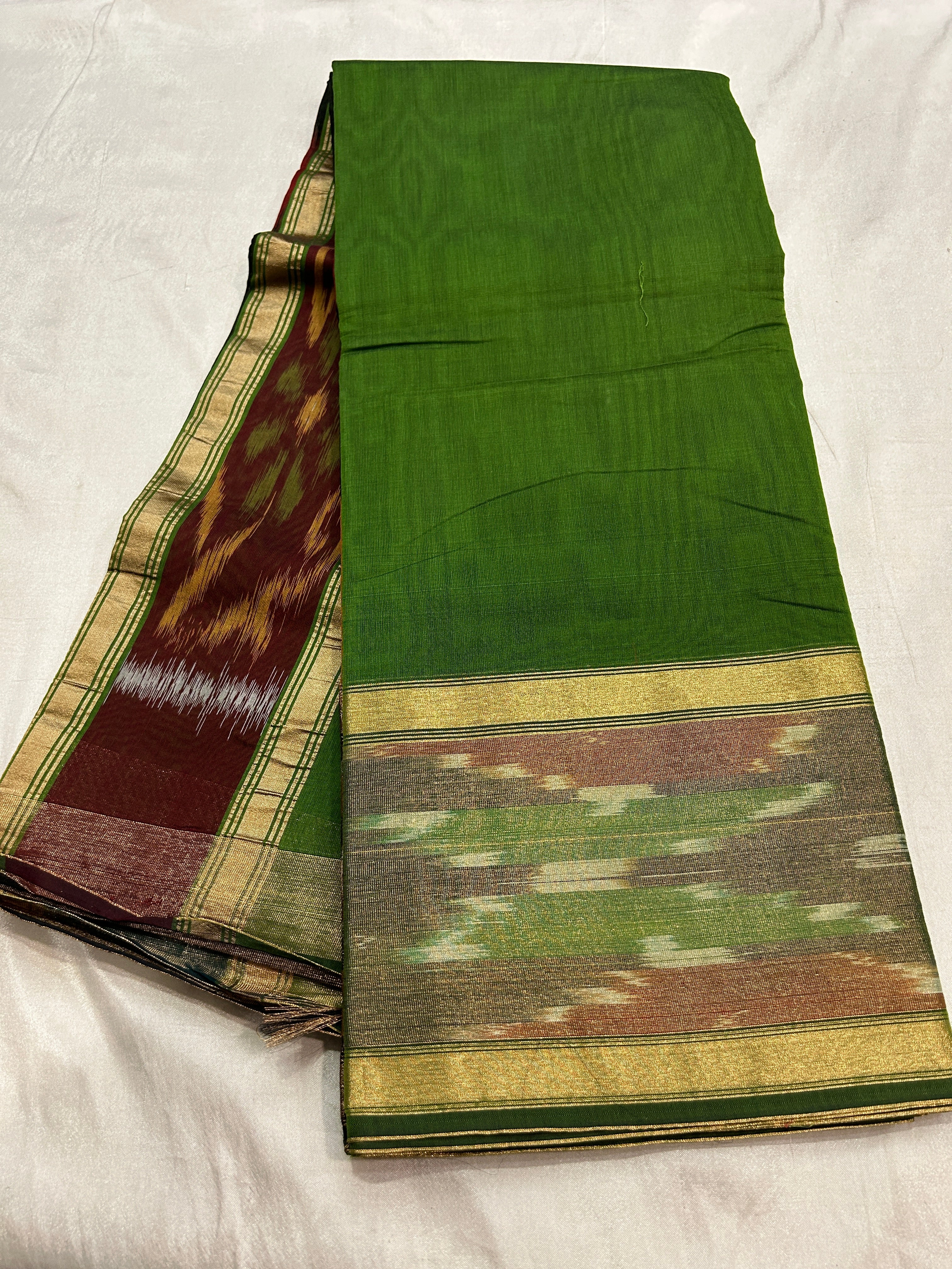 Ikkat zari border cotton silk saree with rich pallu & running blouse