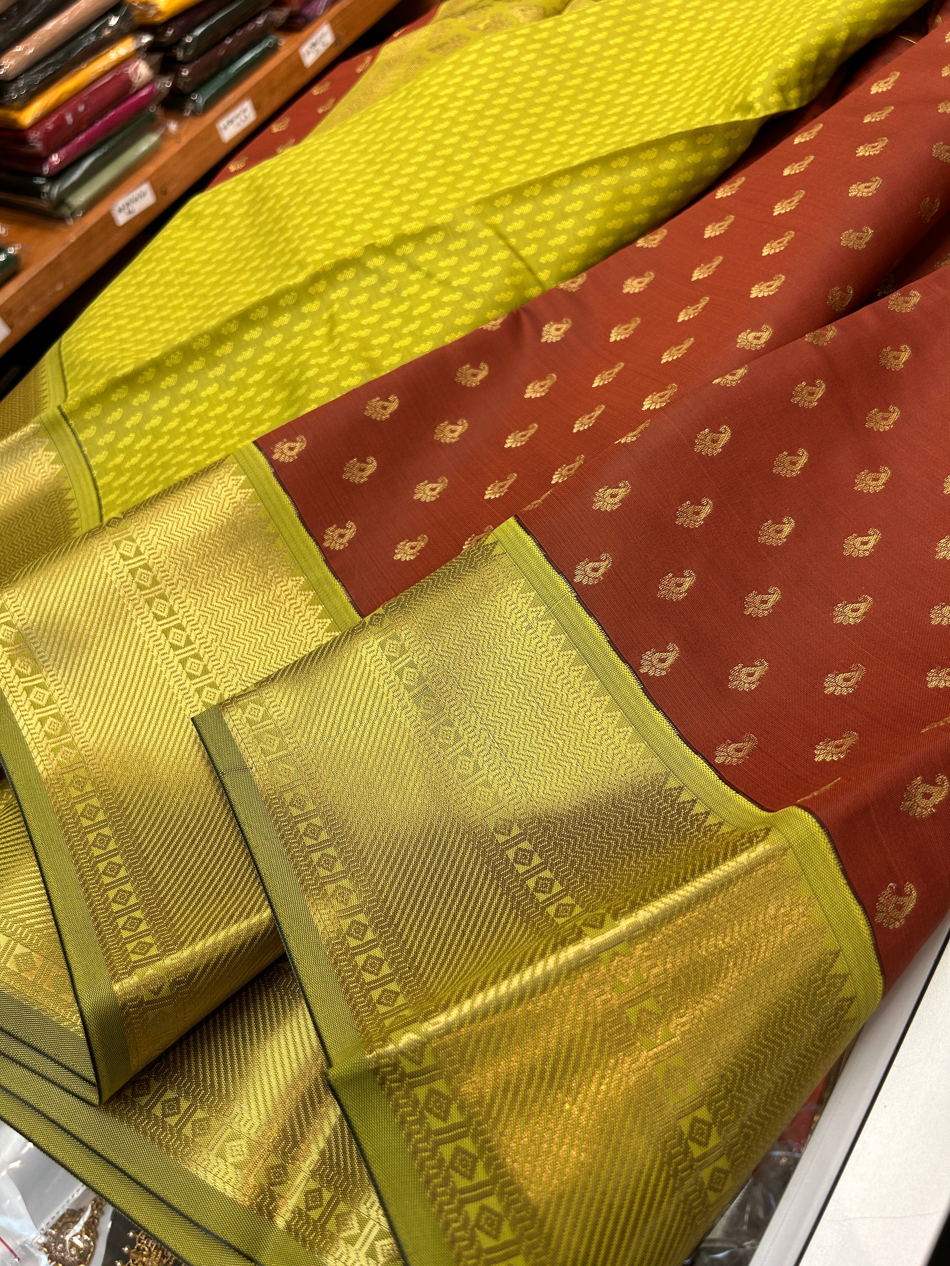 Kanchipuram soft Semi silk saree  with contrast blouse and rich jari pallu