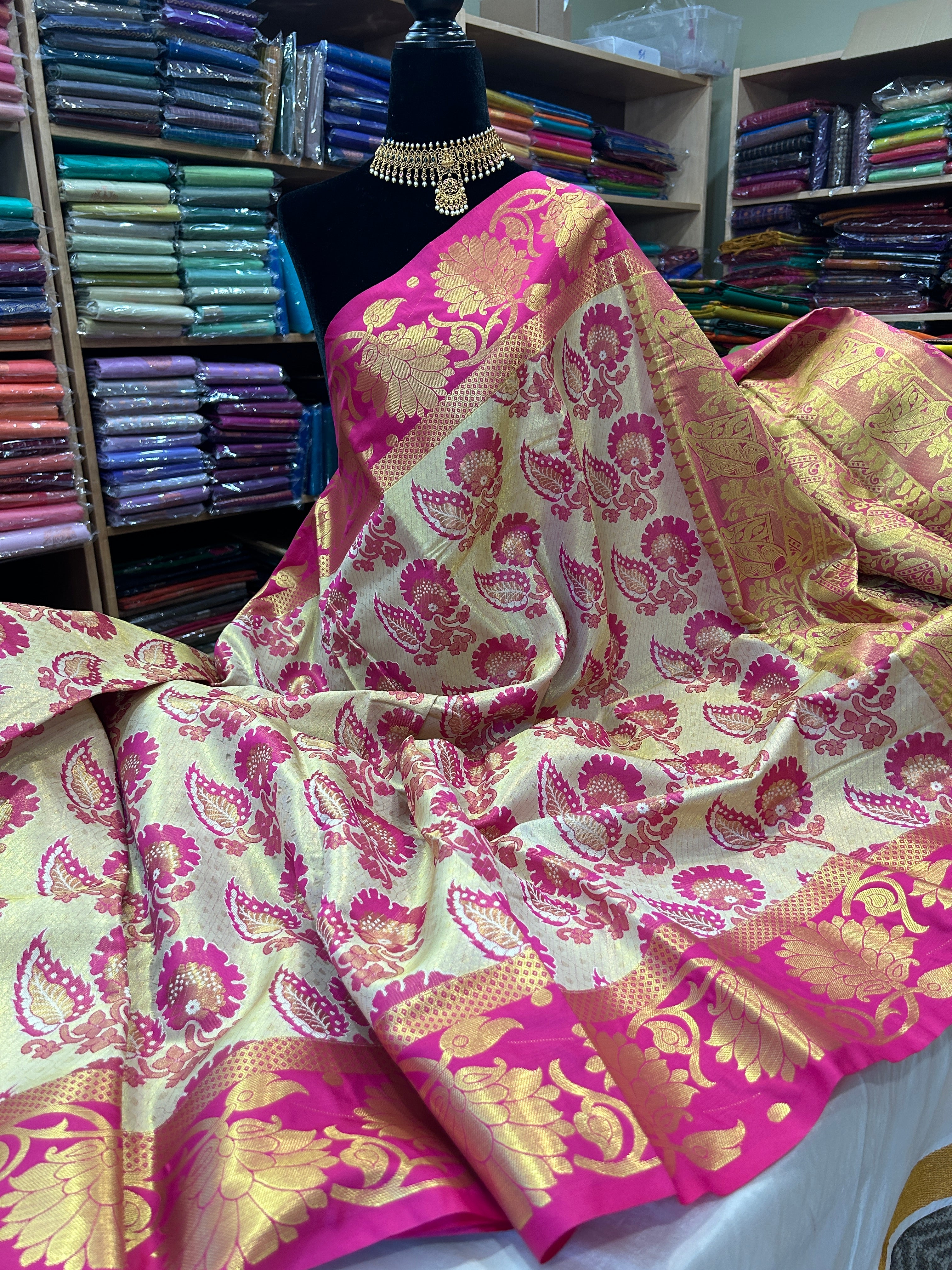 Kanchi Tissue semi silk saree with contrast blouse and rich pallu