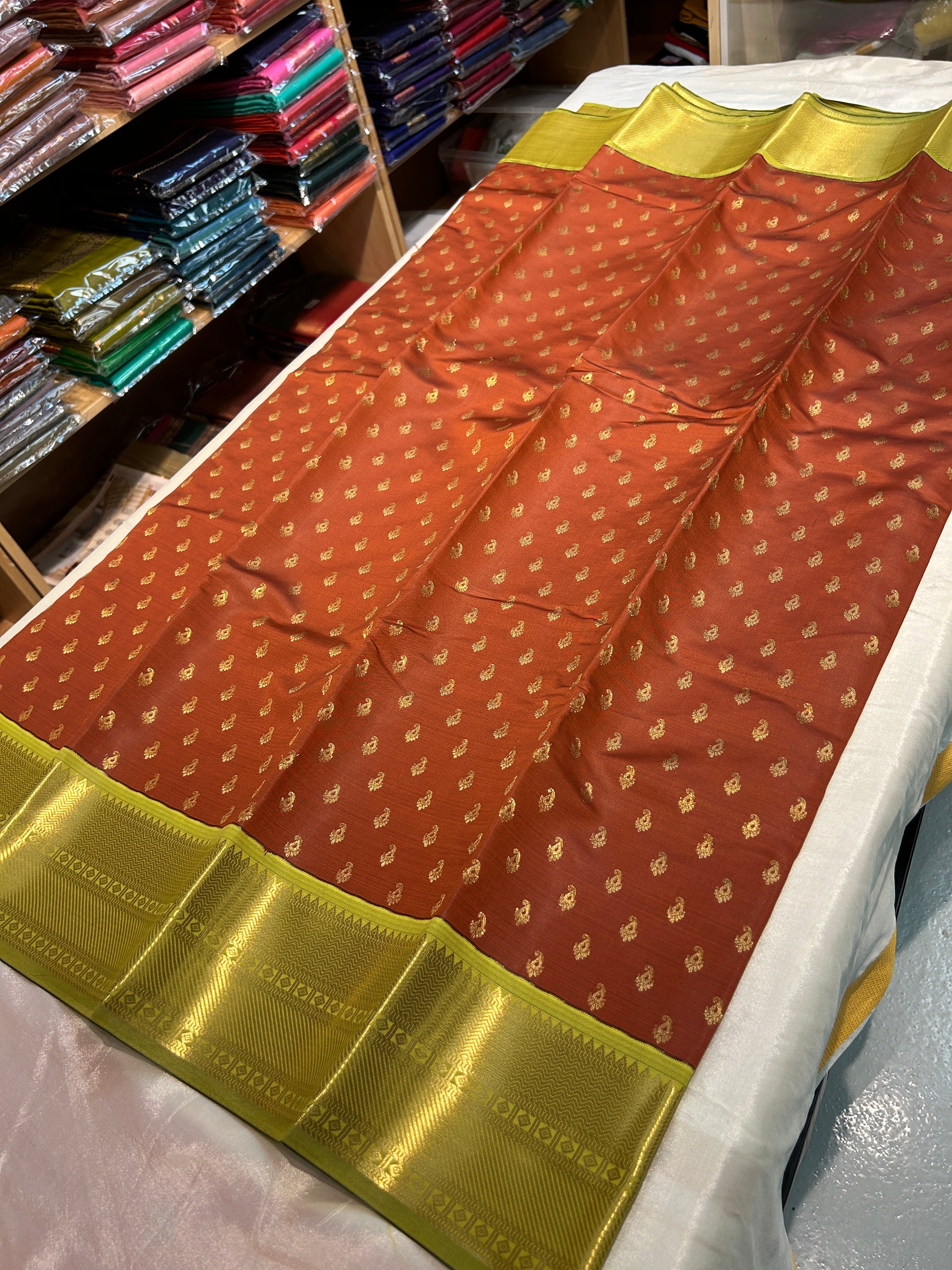 Kanchipuram soft Semi silk saree  with contrast blouse and rich jari pallu
