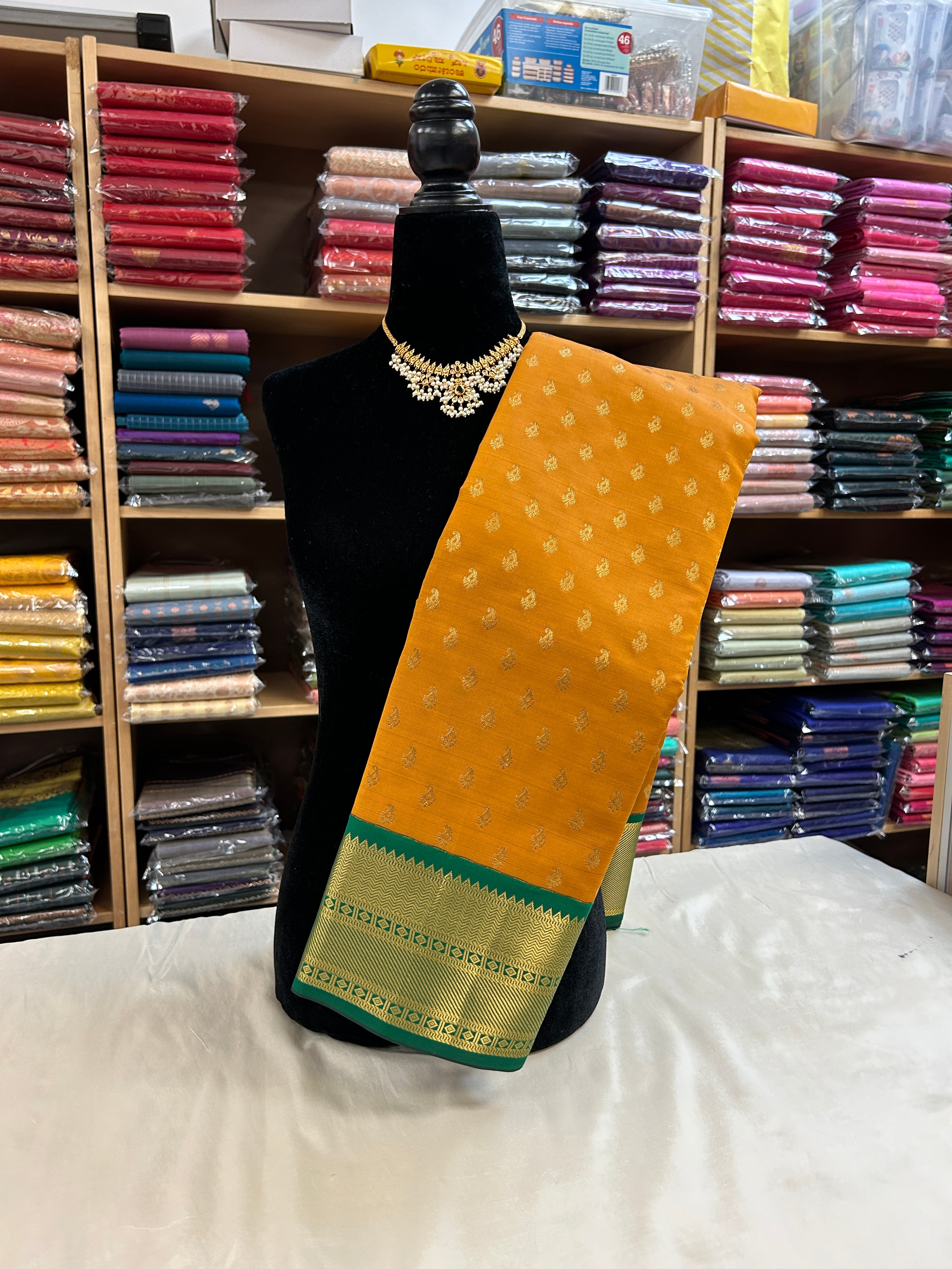 Kanchipuram soft Semi silk saree  with contrast blouse and rich jari pallu