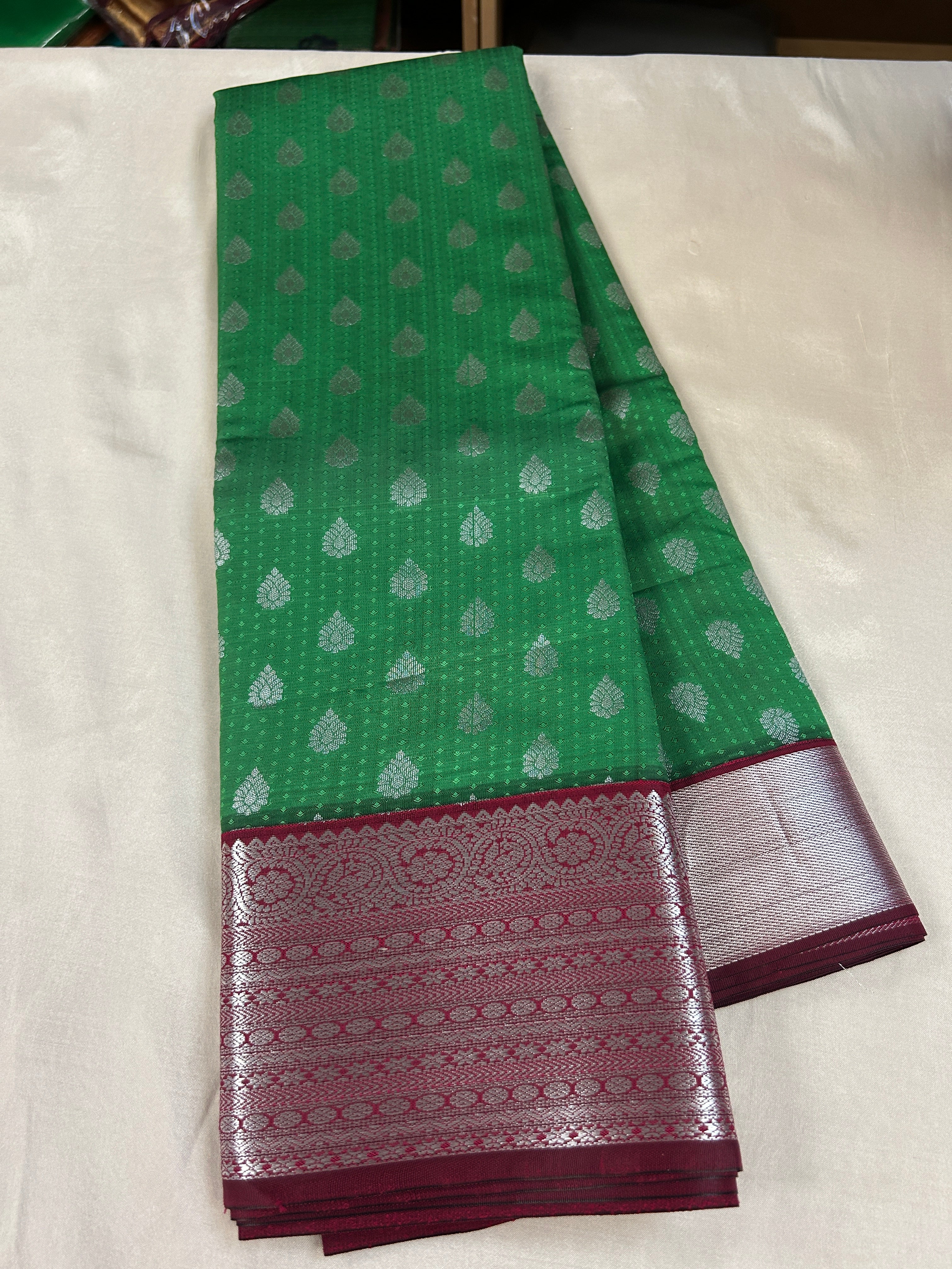Kanchipuram soft Semi silk saree  with contrast blouse and rich jari pallu