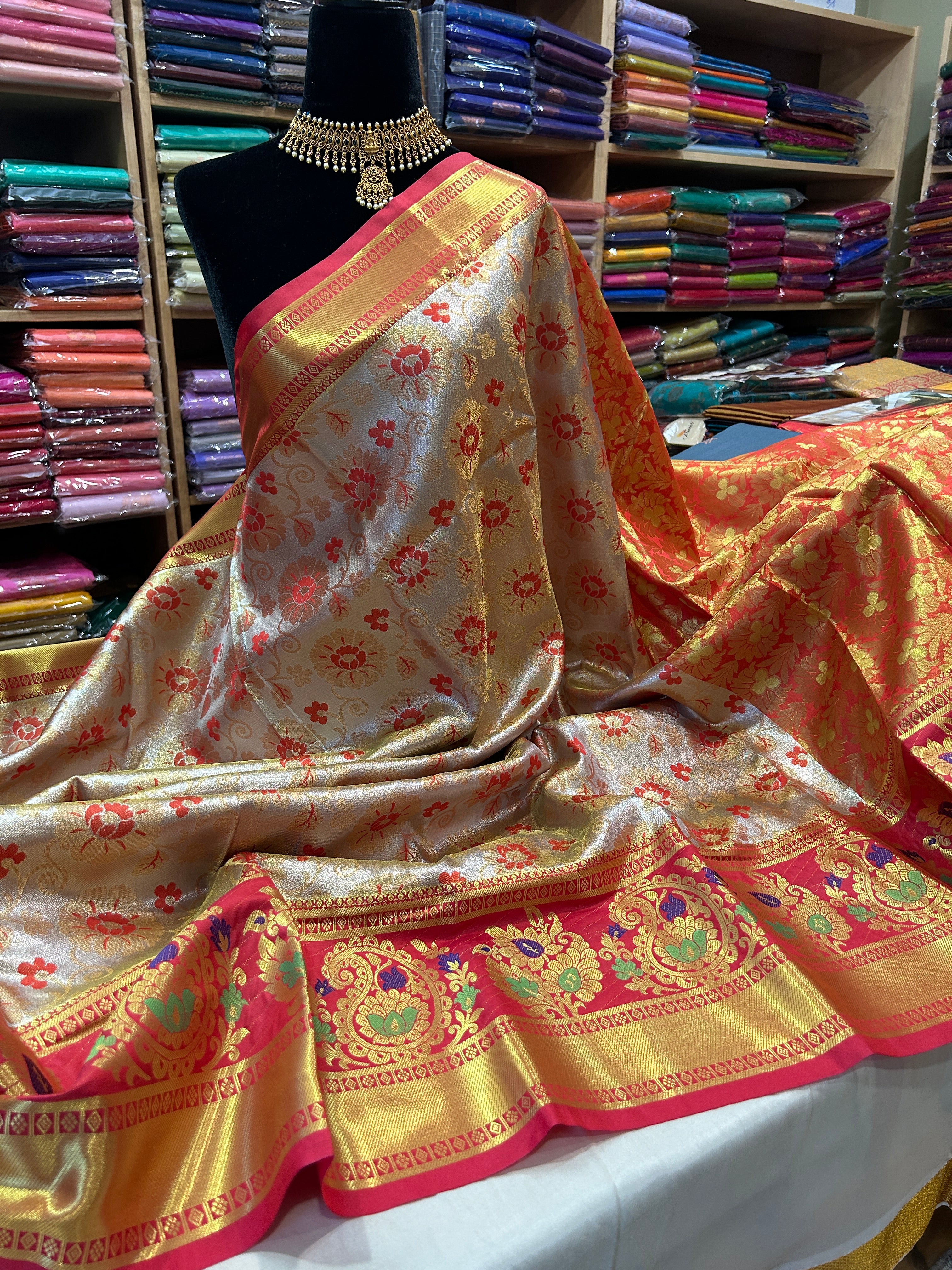 Rich Kanchi Tissue semi silk saree with contrast blouse and rich pallu