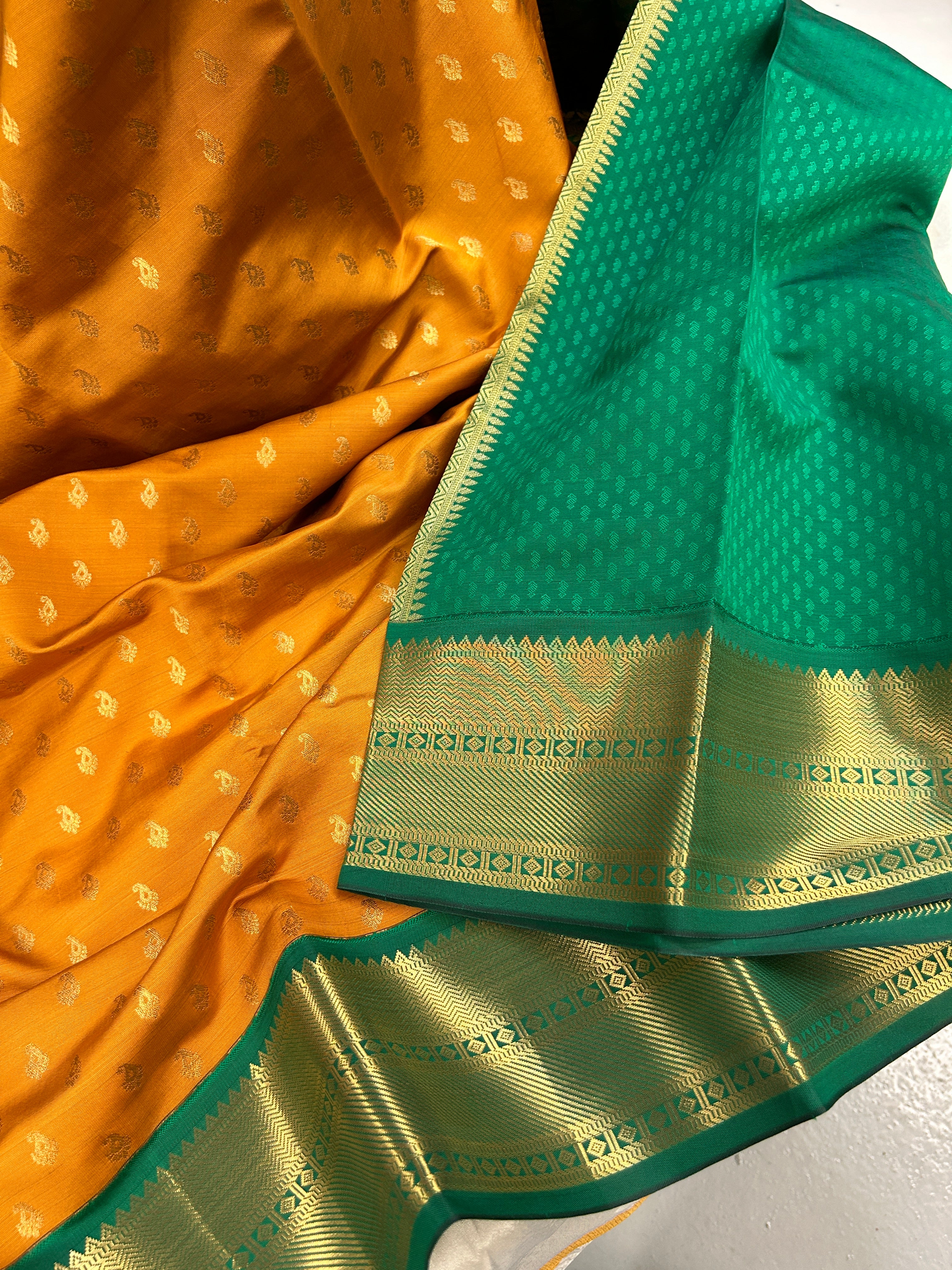 Kanchipuram soft Semi silk saree  with contrast blouse and rich jari pallu