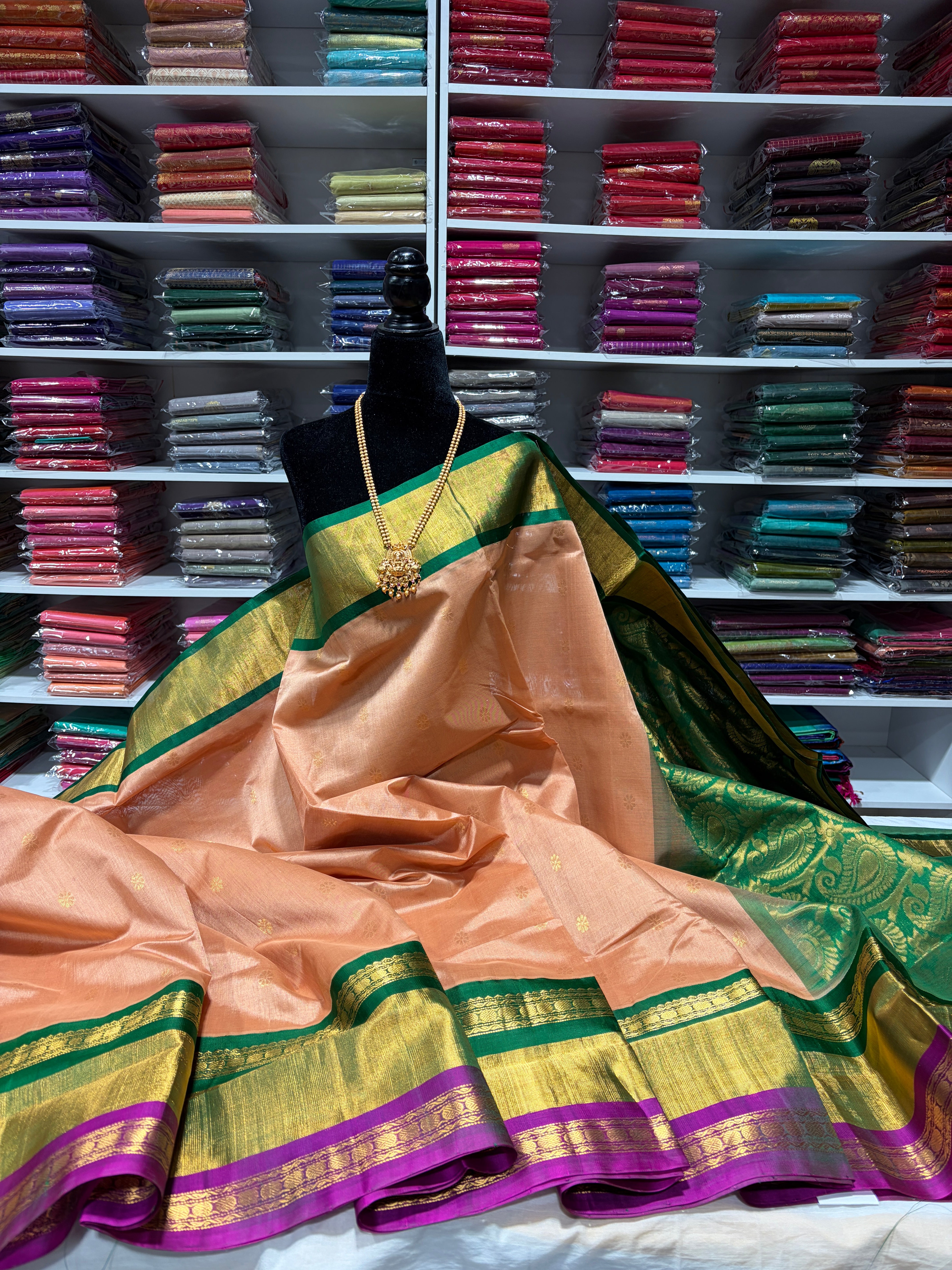 Korvai border Kanchipuram Pure Silk Cotton Saree with contrast blouse & pallu