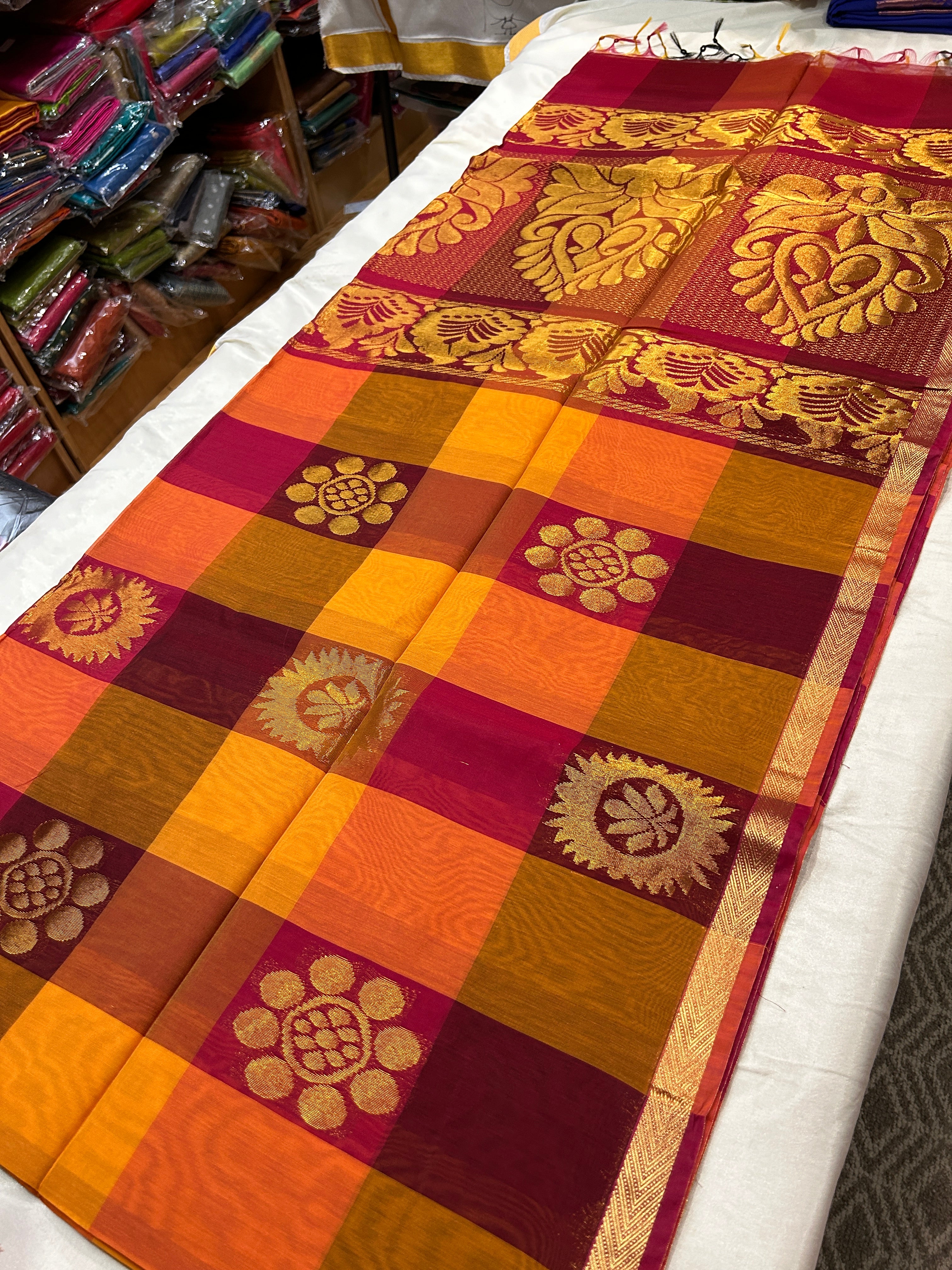 Multi color big check cotton silk saree with rich pallu & running blouse