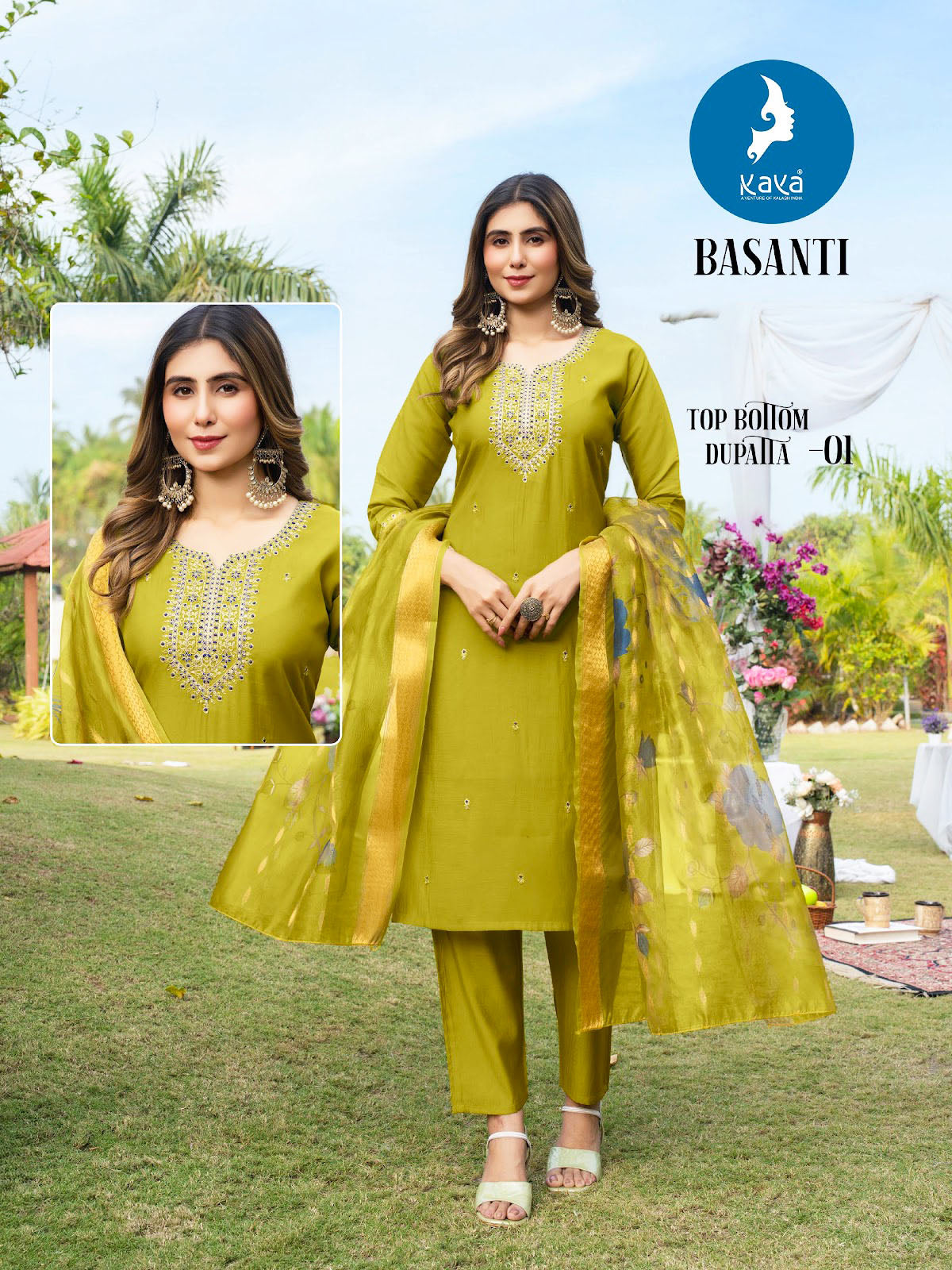 Kaya Presents Basanti Mul Chanderi Readymade Pant Style Suits Collections