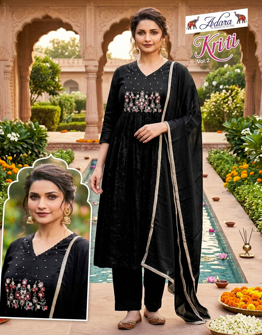 Adara Presents Kriti Rayon Silk With Embroidery Work Kurti Pant and Dupatta Collections