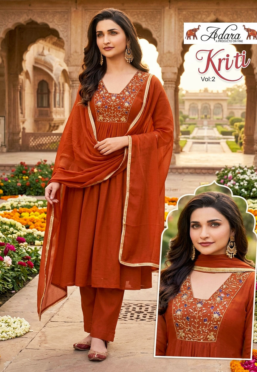 Adara Presents Kriti Rayon Silk With Embroidery Work Kurti Pant and Dupatta Collections