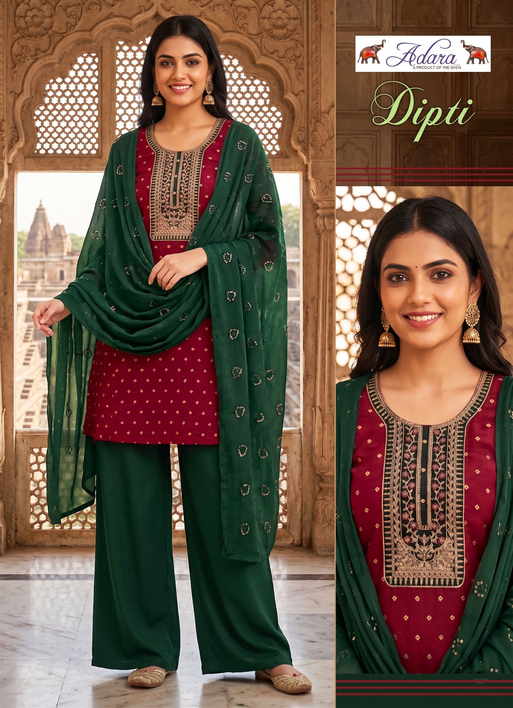 Adara Presents Dipti VOL-1 Rayon Silk With Embroidery Work Top Bottom and Dupatta Collections