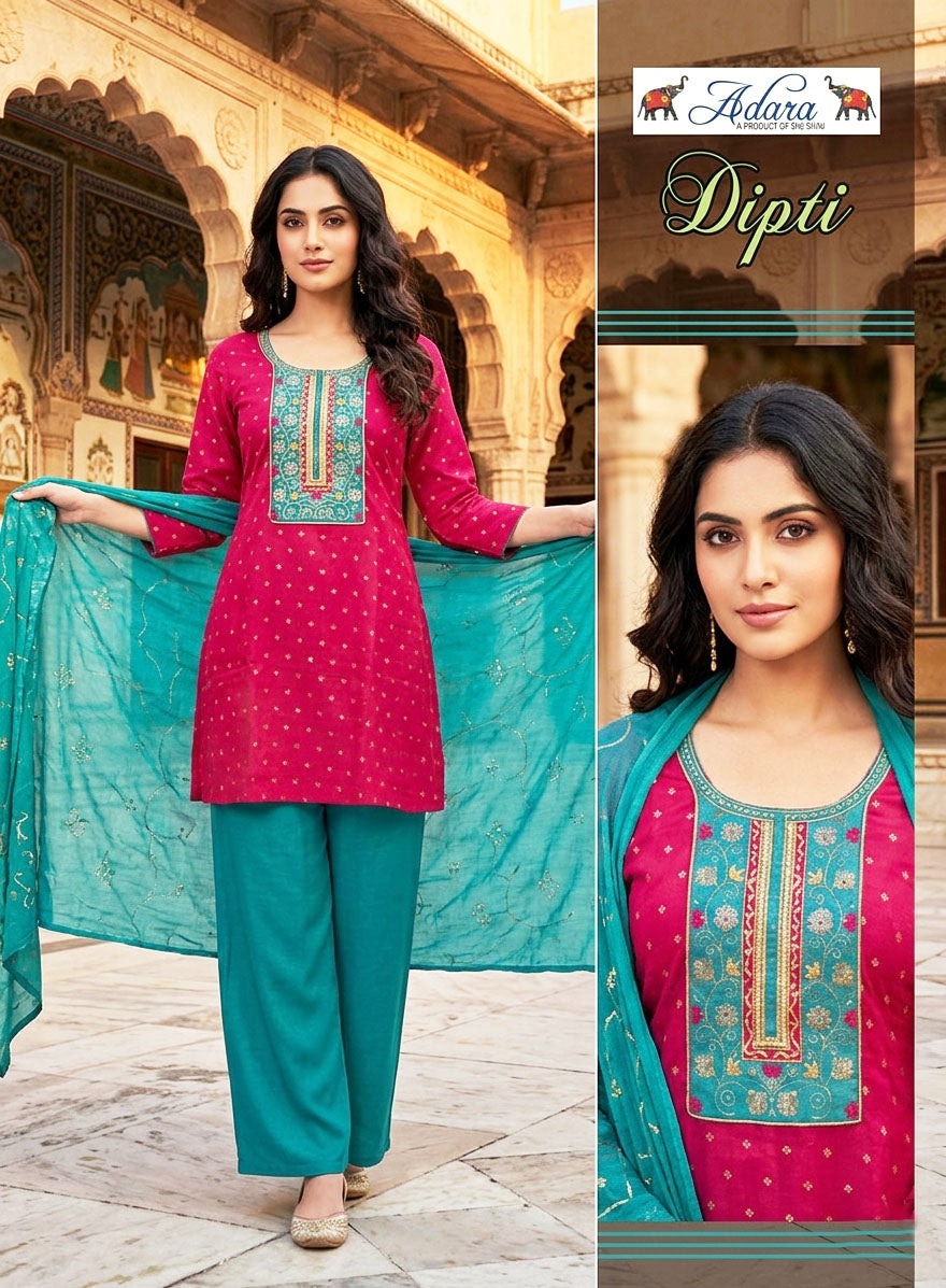 Adara Presents Dipti VOL-1 Rayon Silk With Embroidery Work Top Bottom and Dupatta Collections