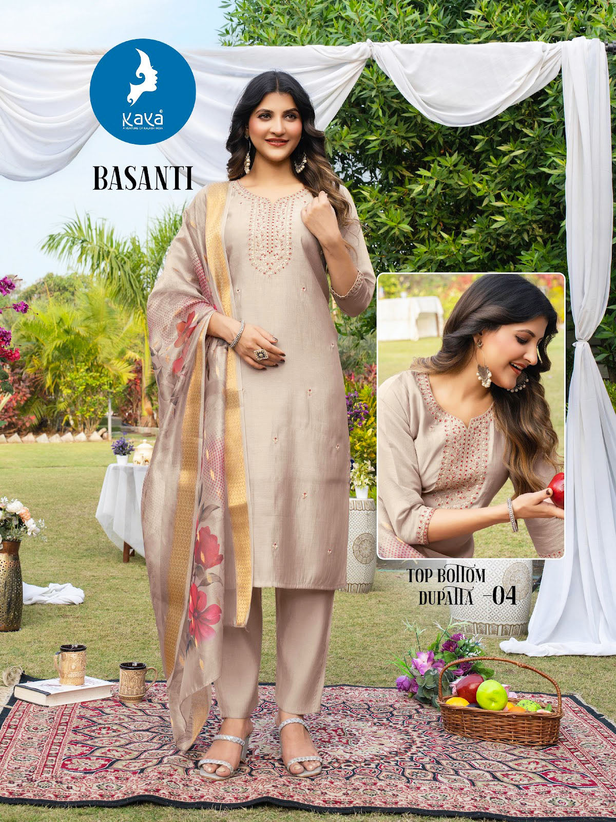 Kaya Presents Basanti Mul Chanderi Readymade Pant Style Suits Collections
