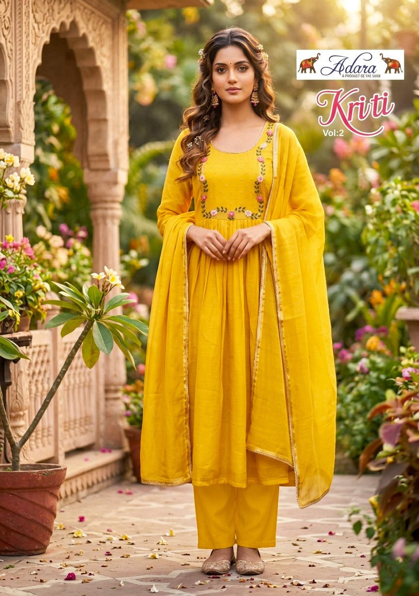 Adara Presents Kriti Rayon Silk With Embroidery Work Kurti Pant and Dupatta Collections