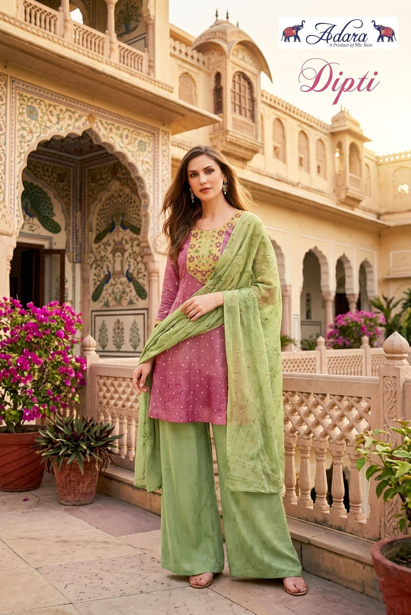 Adara Presents Dipti VOL-1 Rayon Silk With Embroidery Work Top Bottom and Dupatta Collections
