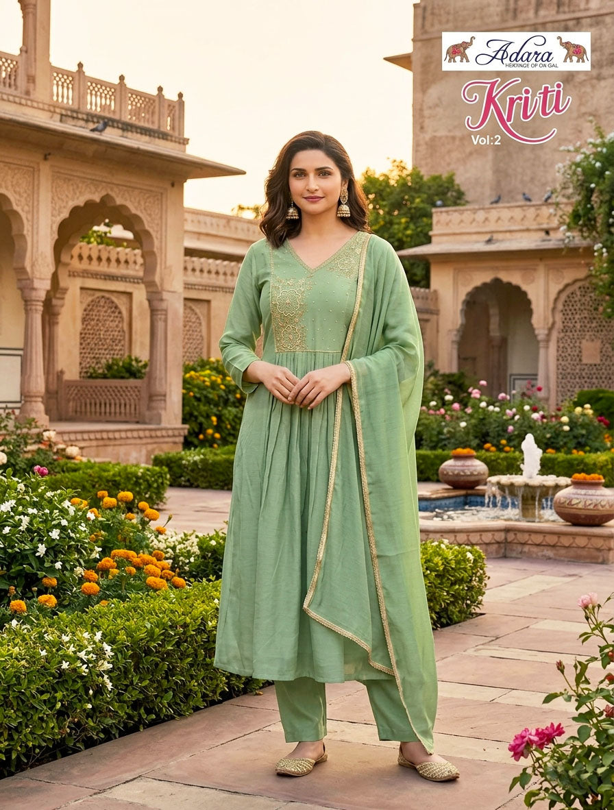 Adara Presents Kriti Rayon Silk With Embroidery Work Kurti Pant and Dupatta Collections