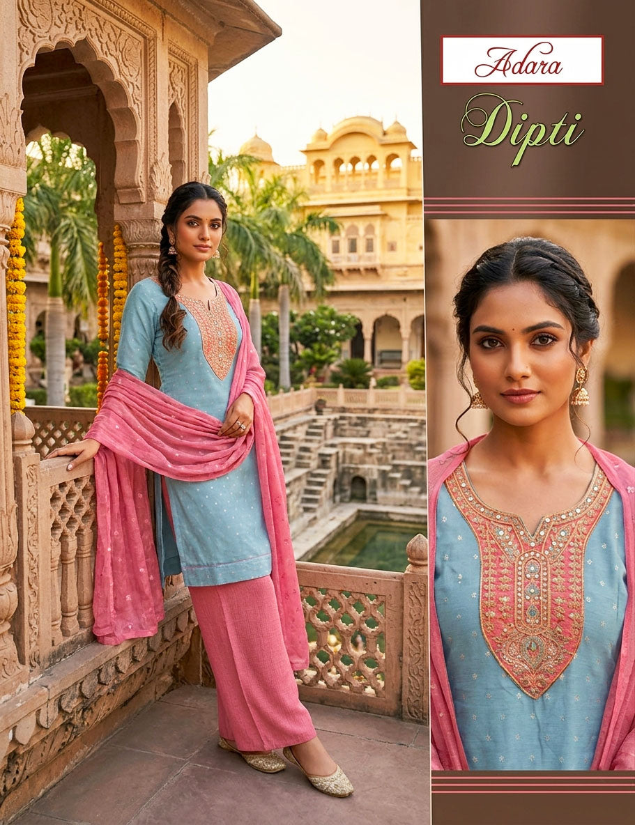Adara Presents Dipti VOL-1 Rayon Silk With Embroidery Work Top Bottom and Dupatta Collections