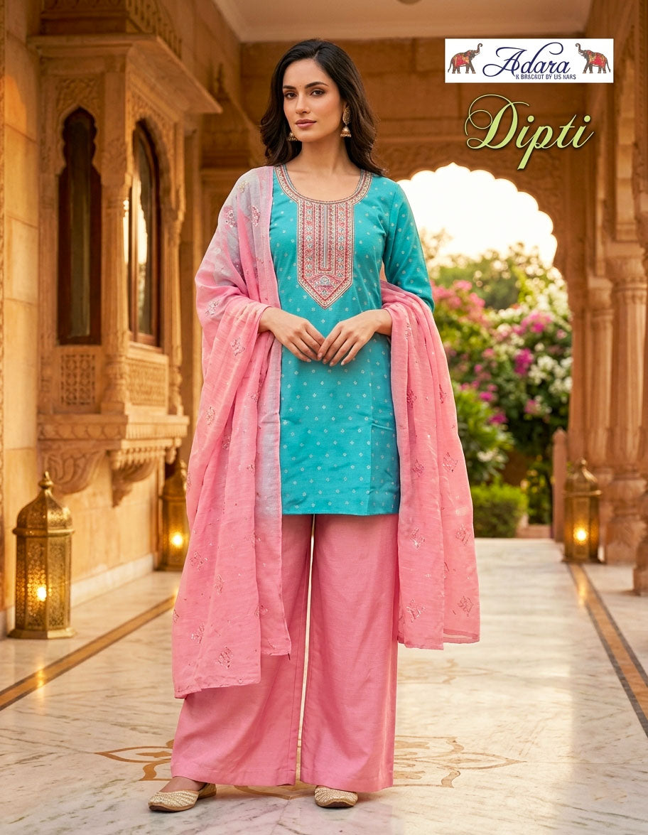 Adara Presents Dipti VOL-1 Rayon Silk With Embroidery Work Top Bottom and Dupatta Collections