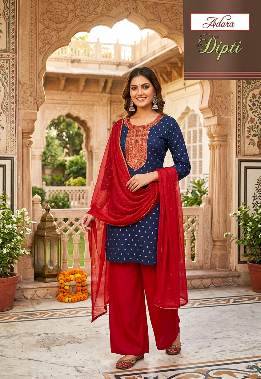 Adara Presents Dipti VOL-1 Rayon Silk With Embroidery Work Top Bottom and Dupatta Collections