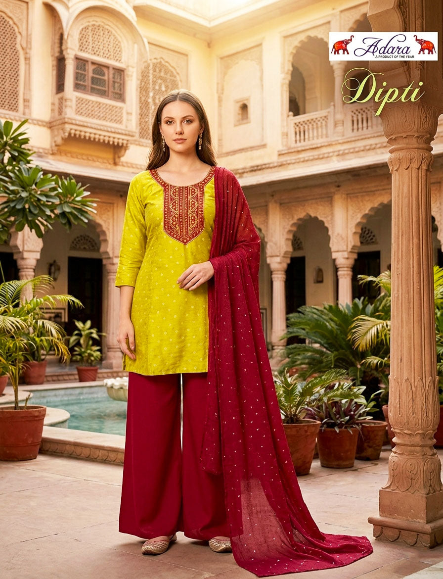 Adara Presents Dipti VOL-1 Rayon Silk With Embroidery Work Top Bottom and Dupatta Collections