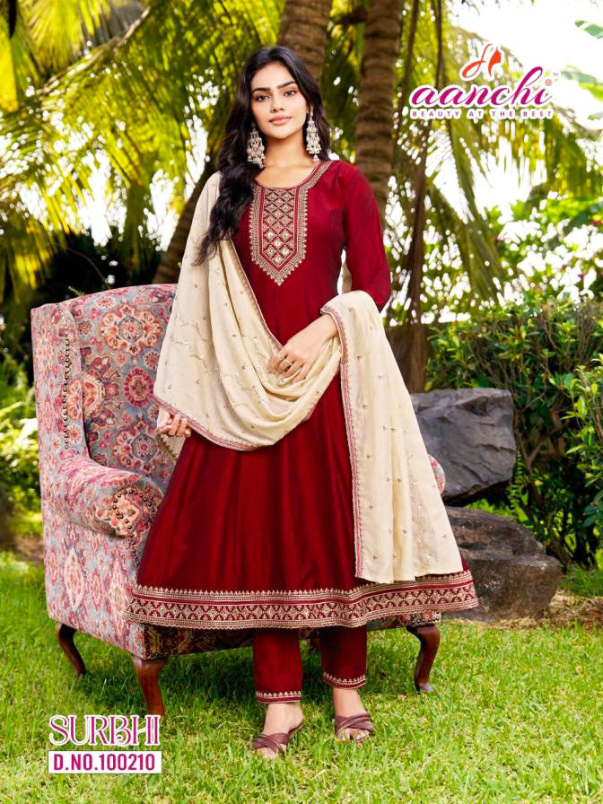 Aanchi Presents Surbhi Vichitra Silk Embroidery Worked Kurti With Bottom And Dupatta Collections