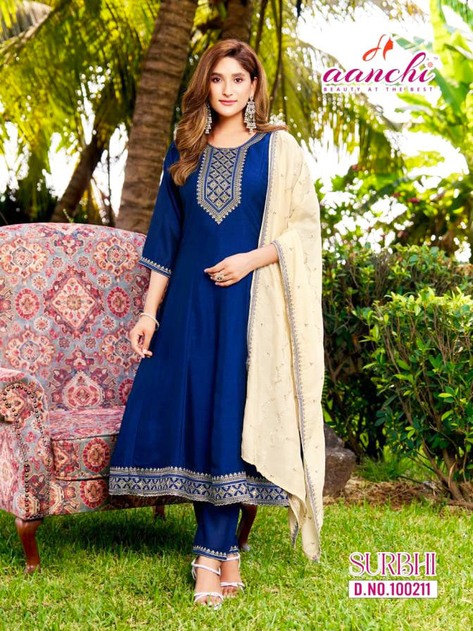 Aanchi Presents Surbhi Vichitra Silk Embroidery Worked Kurti With Bottom And Dupatta Collections