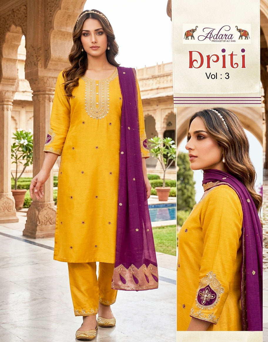 Adara Presents Driti VOL-3 Rayon Silk With Embroidery Work Top Bottom and Dupatta Collections